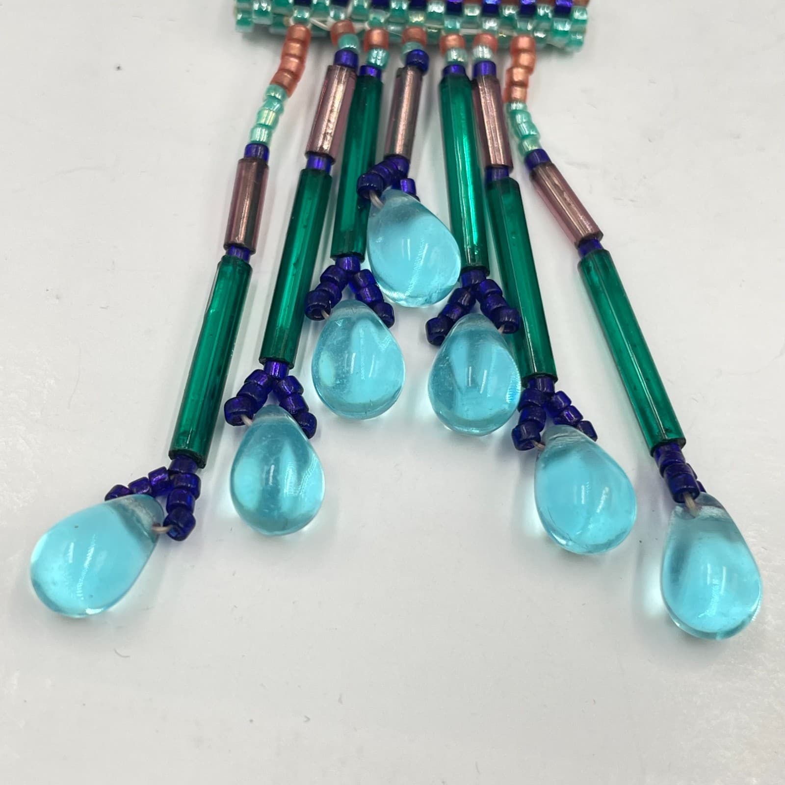 Handmade Beaded Pendant Necklace Boho Seed Bead Geometric Teal Pink Glass Fringe - Thumbnail 4