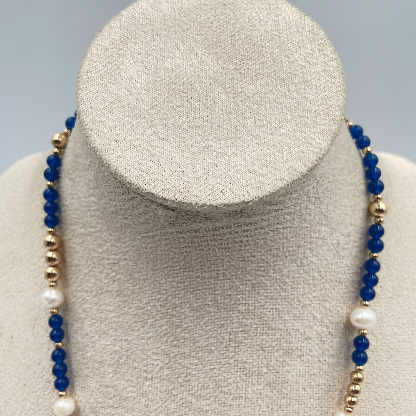Vintage Lapis Blue Agate Pearl Beaded Necklace Gold Tone Statement Jewelry Gift - Thumbnail 2