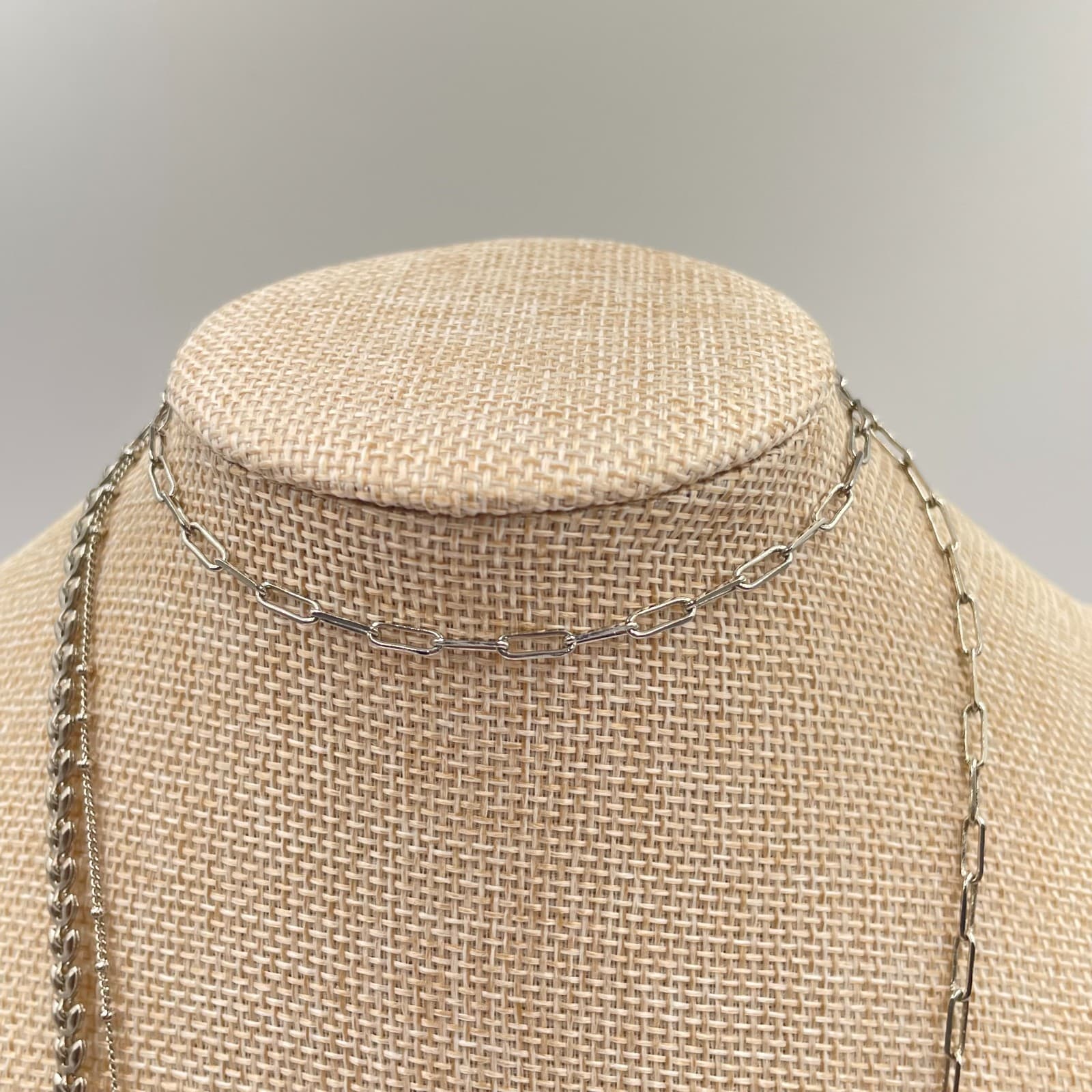 VTG Silver Multi Layer Necklace Link Chain Hammered Pendant Tag Statement Boho - Thumbnail 2