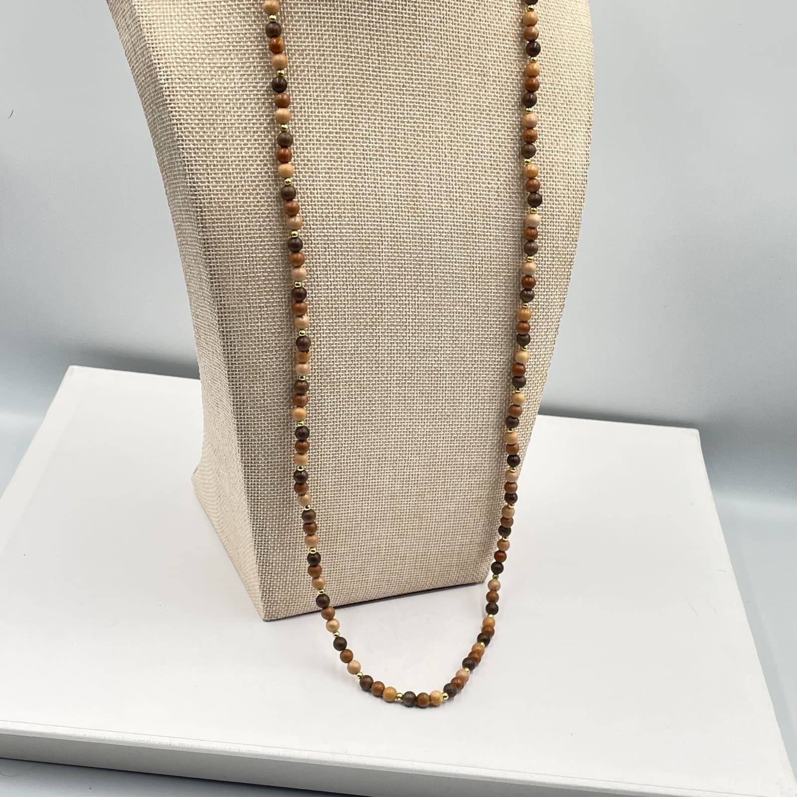 VTG Long Wood Bead Necklace Earthy Brown Neutral Layering Boho Rope Beads - Thumbnail 5
