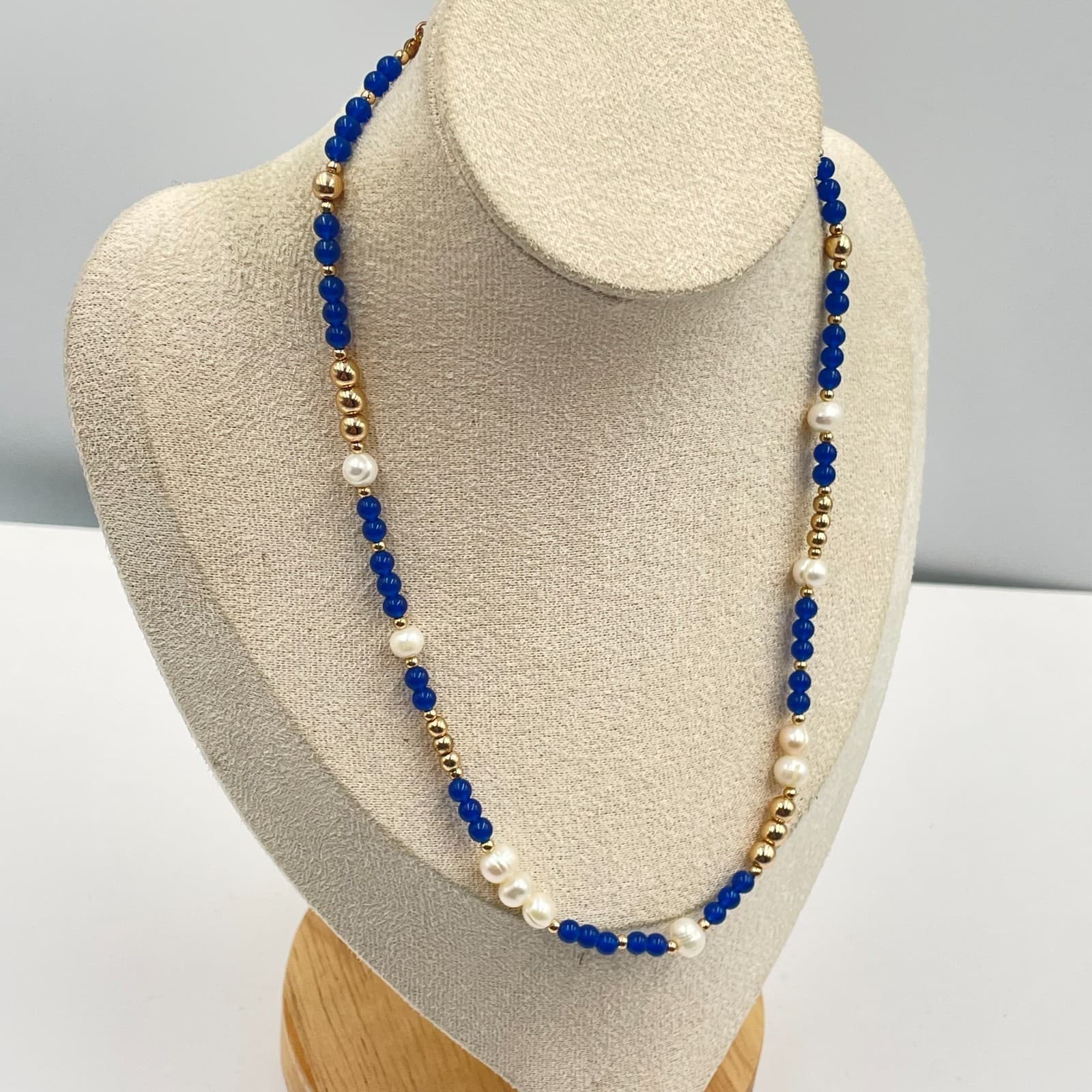 Vintage Lapis Blue Agate Pearl Beaded Necklace Gold Tone Statement Jewelry Gift - Thumbnail 4