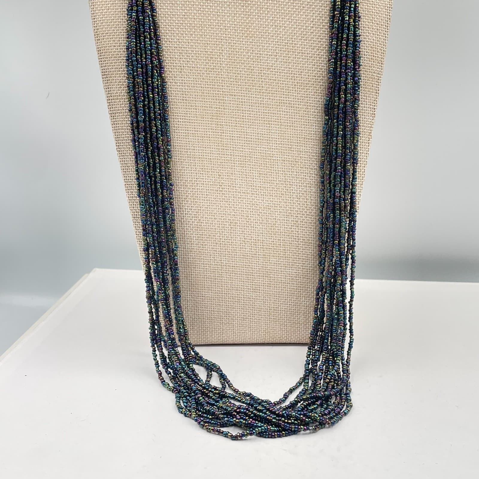 Vintage Multi Strand Liquid Silver Tone Necklace Iridescent Black Seed Bead Boho - Thumbnail 4