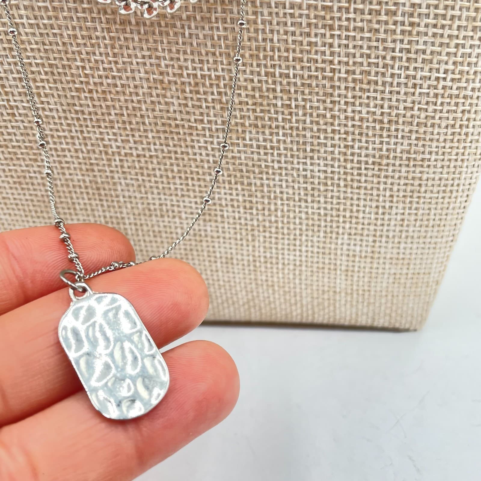 VTG Silver Multi Layer Necklace Link Chain Hammered Pendant Tag Statement Boho - Thumbnail 4