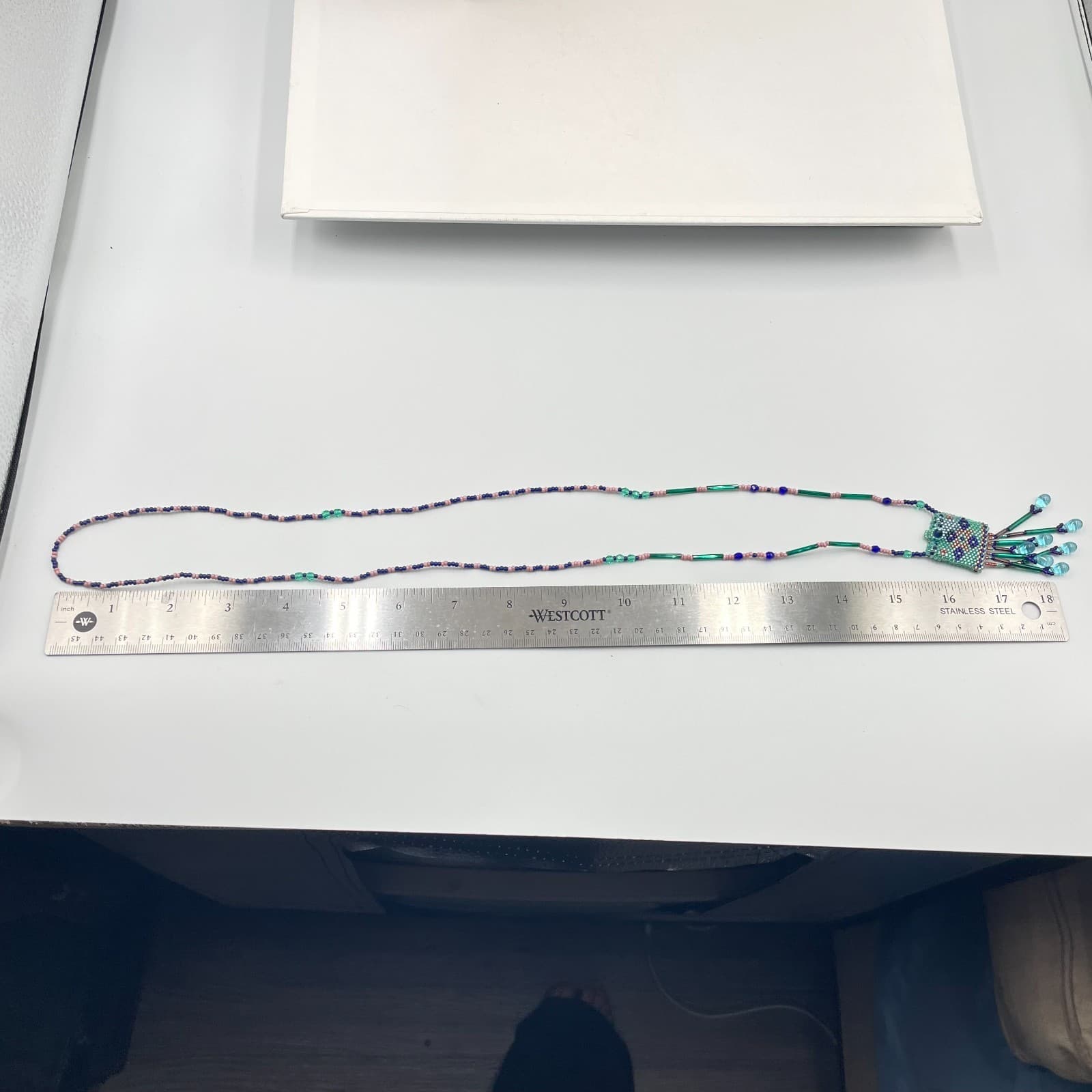 Handmade Beaded Pendant Necklace Boho Seed Bead Geometric Teal Pink Glass Fringe - Thumbnail 7