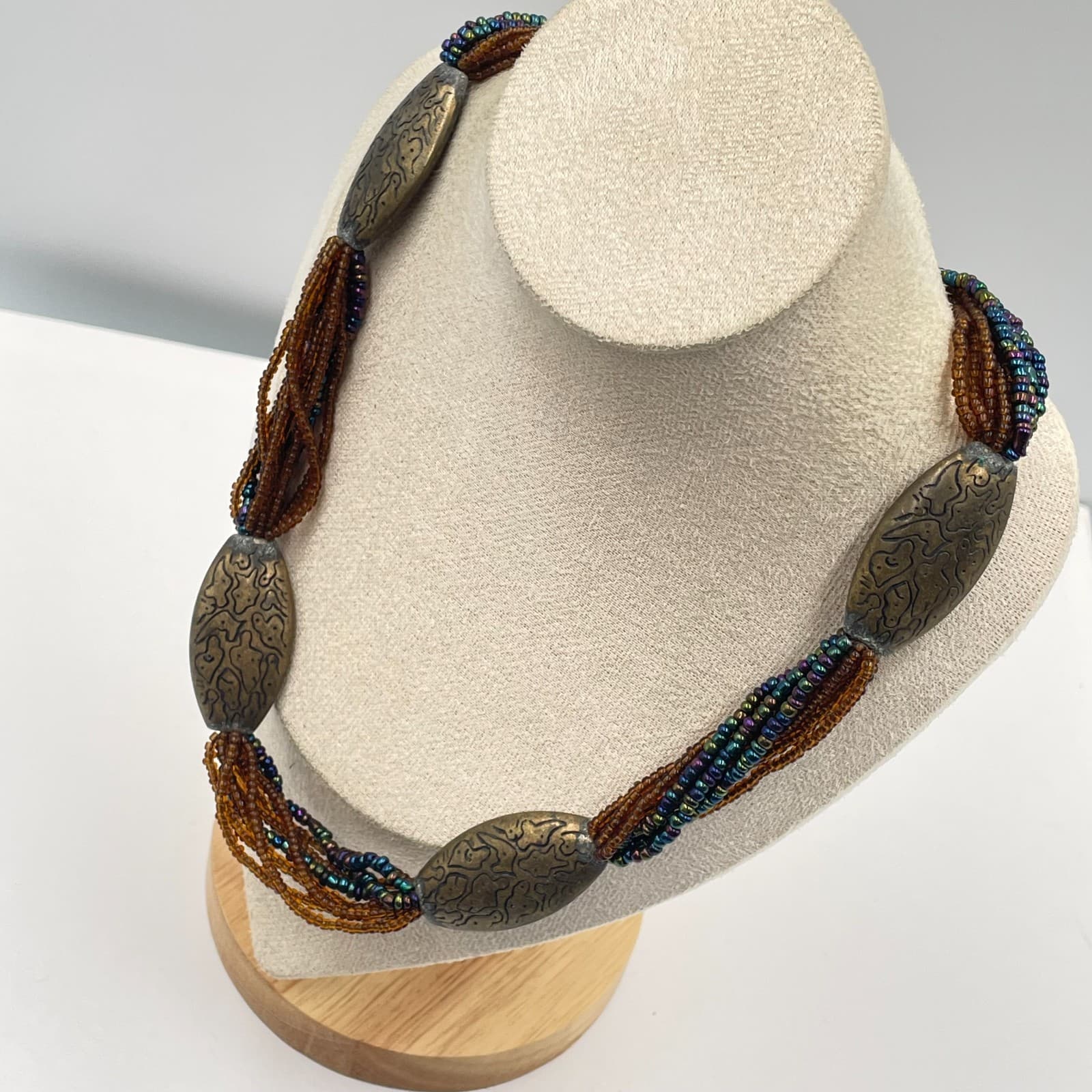 Vintage Boho Multi Strand Seed Bead Necklace Etched Bronze Tone Oval Focal Beads - Thumbnail 6