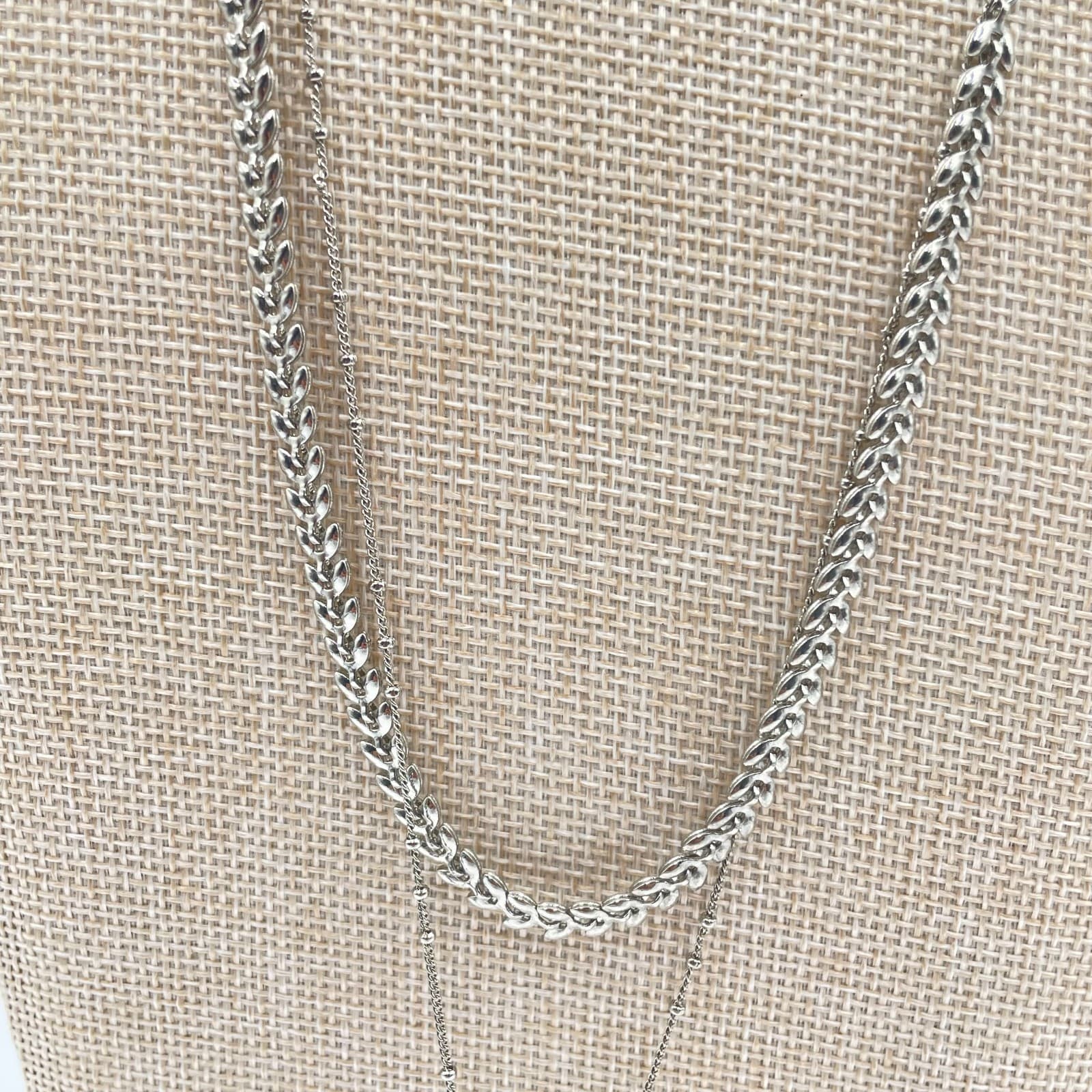 VTG Silver Multi Layer Necklace Link Chain Hammered Pendant Tag Statement Boho - Thumbnail 3
