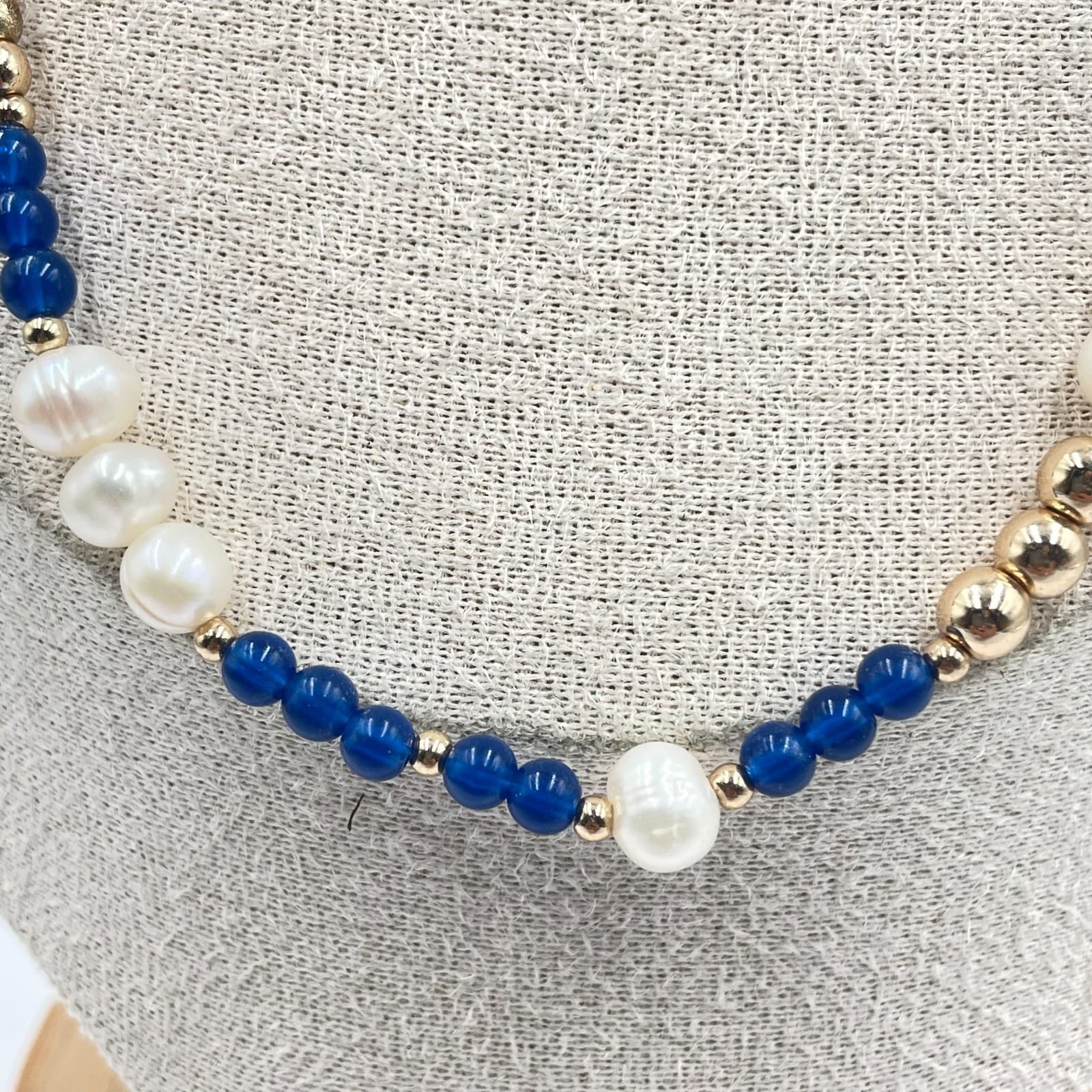 Vintage Lapis Blue Agate Pearl Beaded Necklace Gold Tone Statement Jewelry Gift - Thumbnail 3