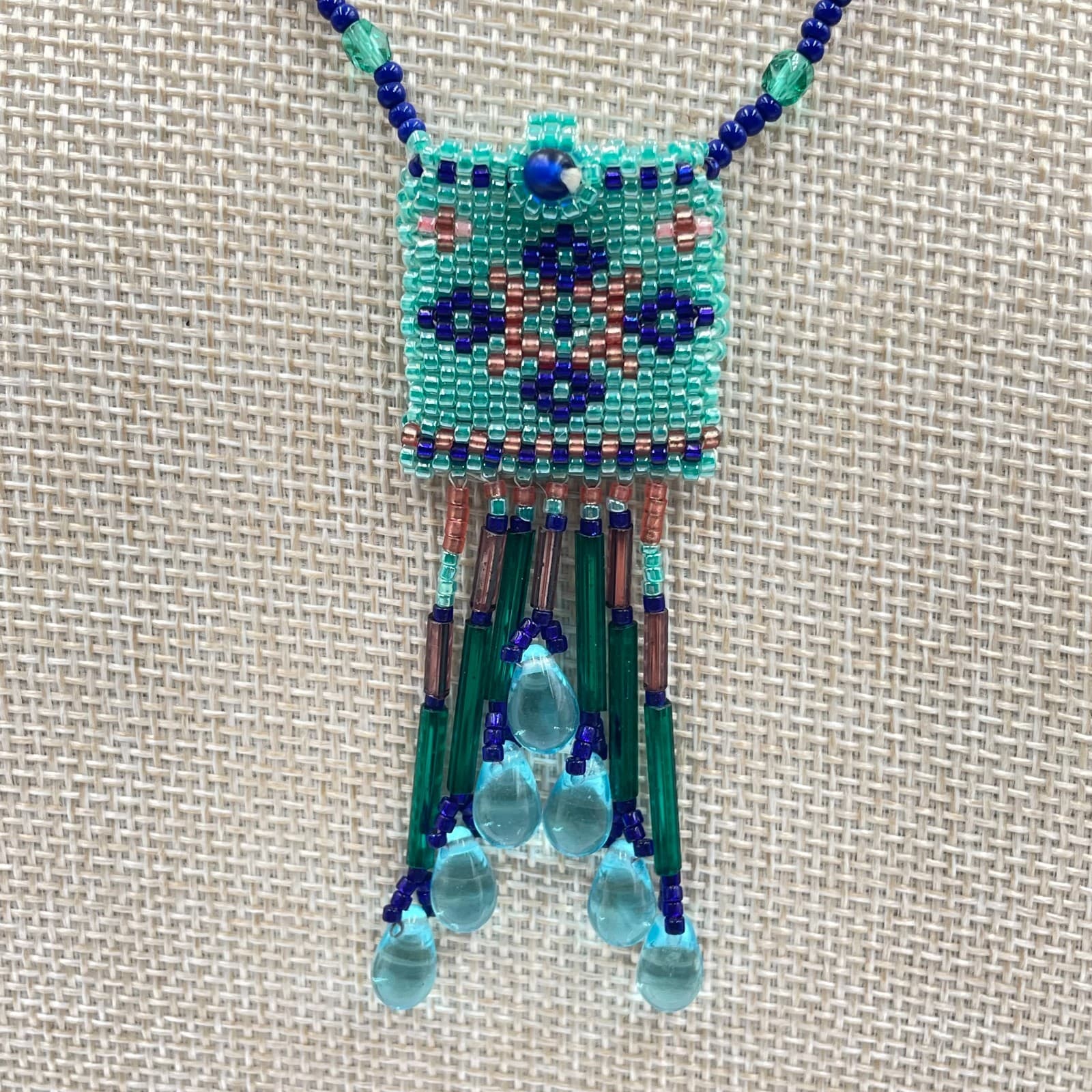 Handmade Beaded Pendant Necklace Boho Seed Bead Geometric Teal Pink Glass Fringe - Thumbnail 3