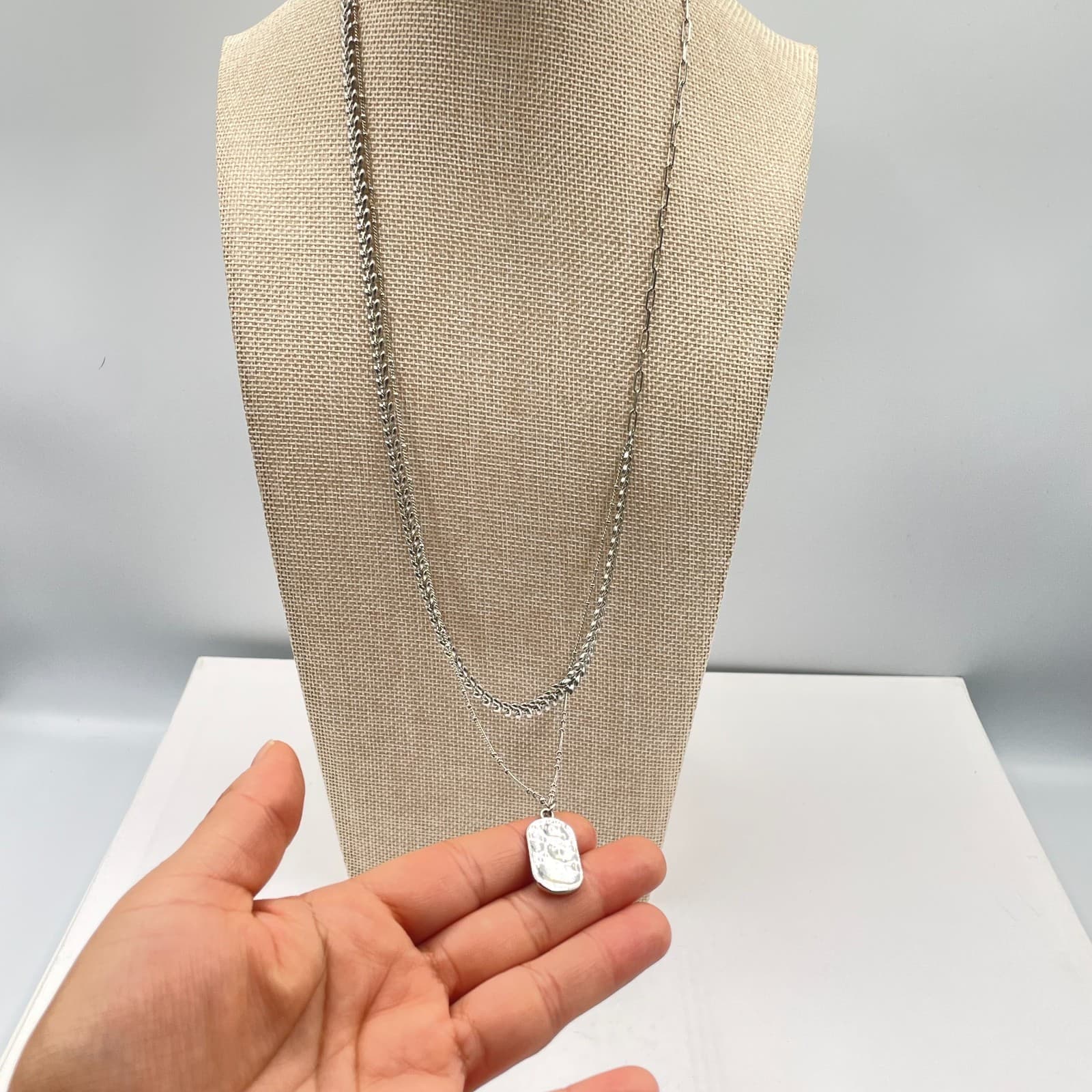 VTG Silver Multi Layer Necklace Link Chain Hammered Pendant Tag Statement Boho - Thumbnail 5