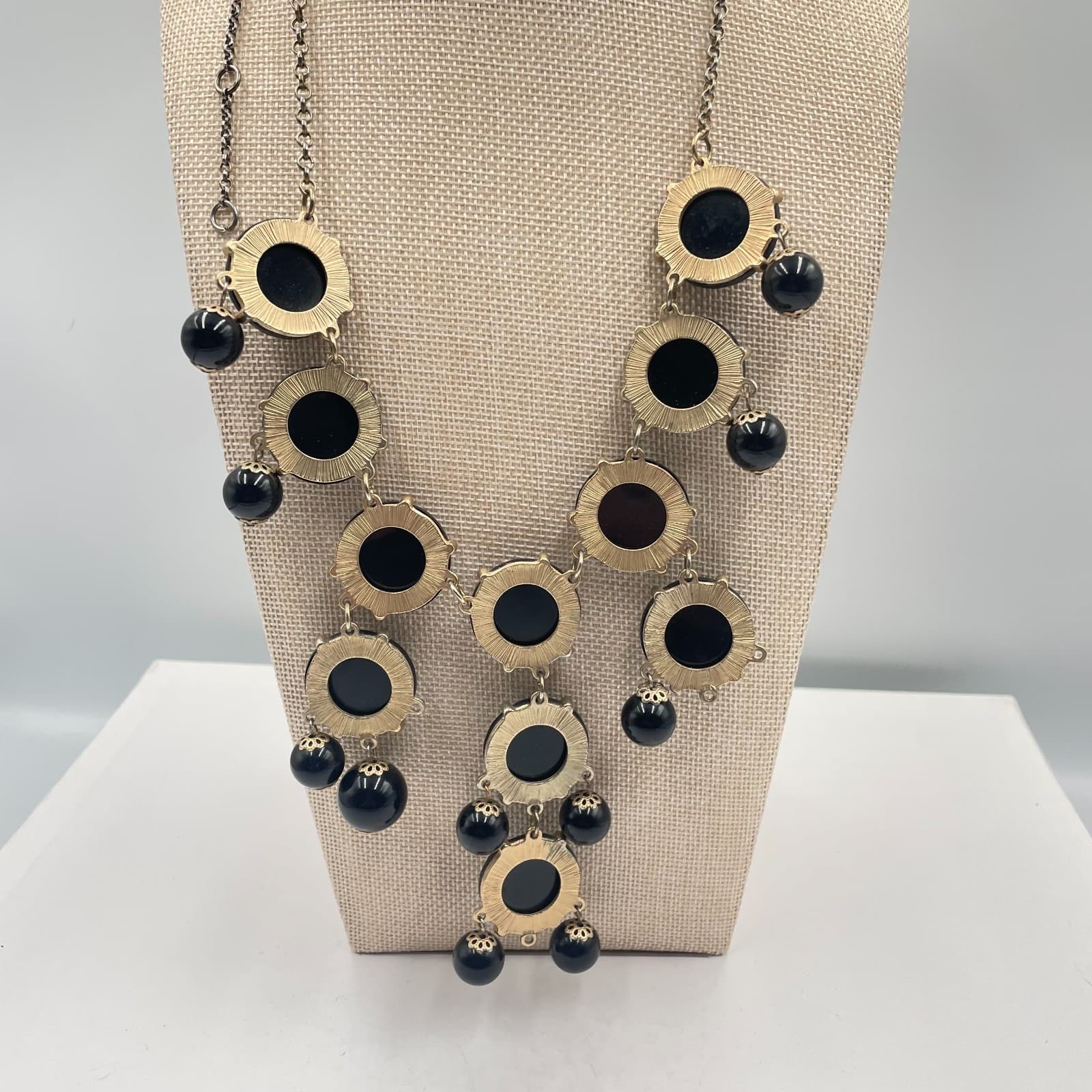 Vintage Black Faceted Statement Necklace Gold Tone Bib Chunky Drop Collar Beads - Thumbnail 7