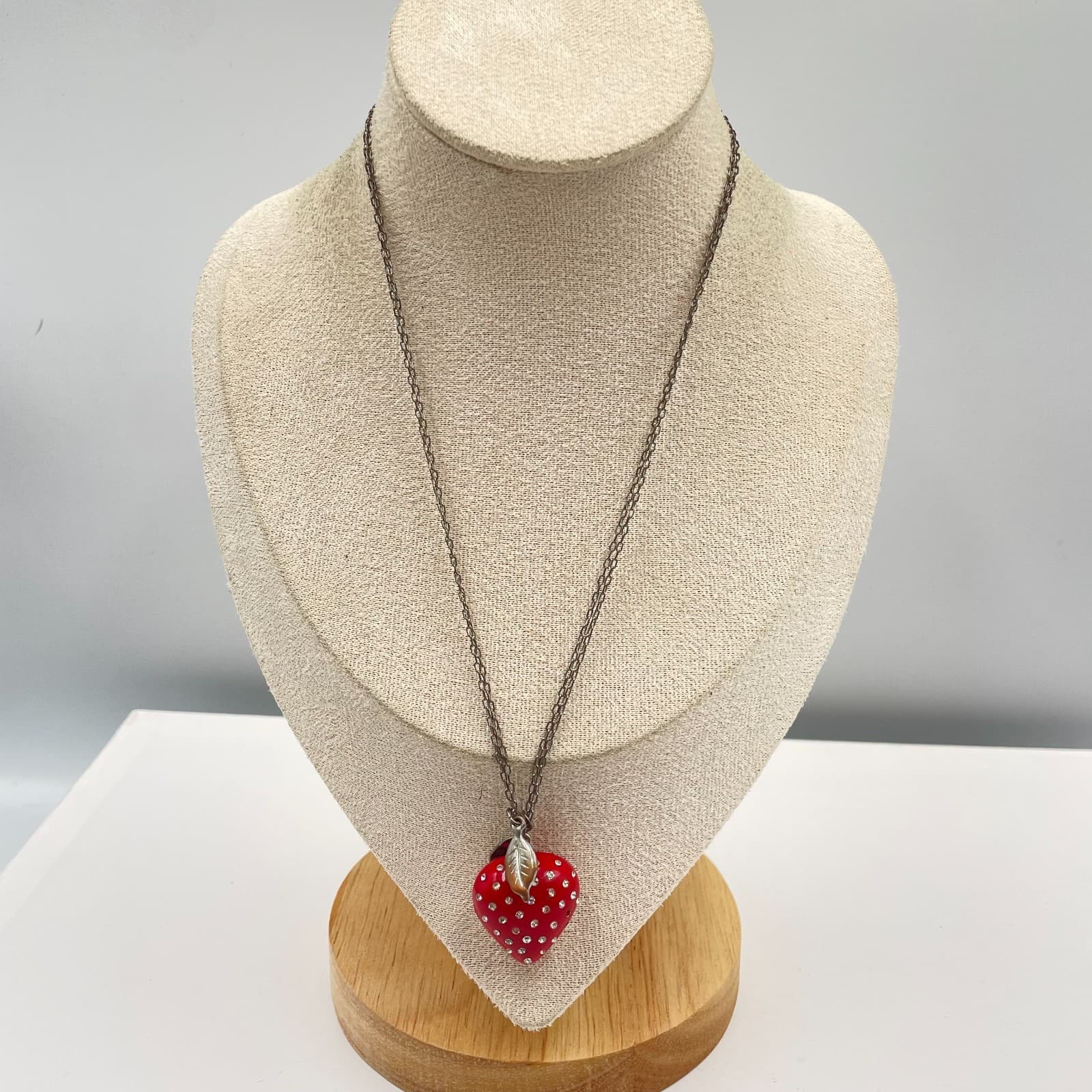 EXPRESS Strawberry Pendant Necklace Red Enamel Crystal Rhinestone Silver Tone