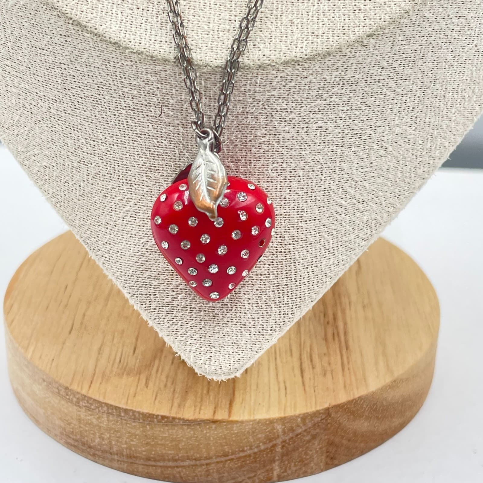 EXPRESS Strawberry Pendant Necklace Red Enamel Crystal Rhinestone Silver Tone - Thumbnail 3