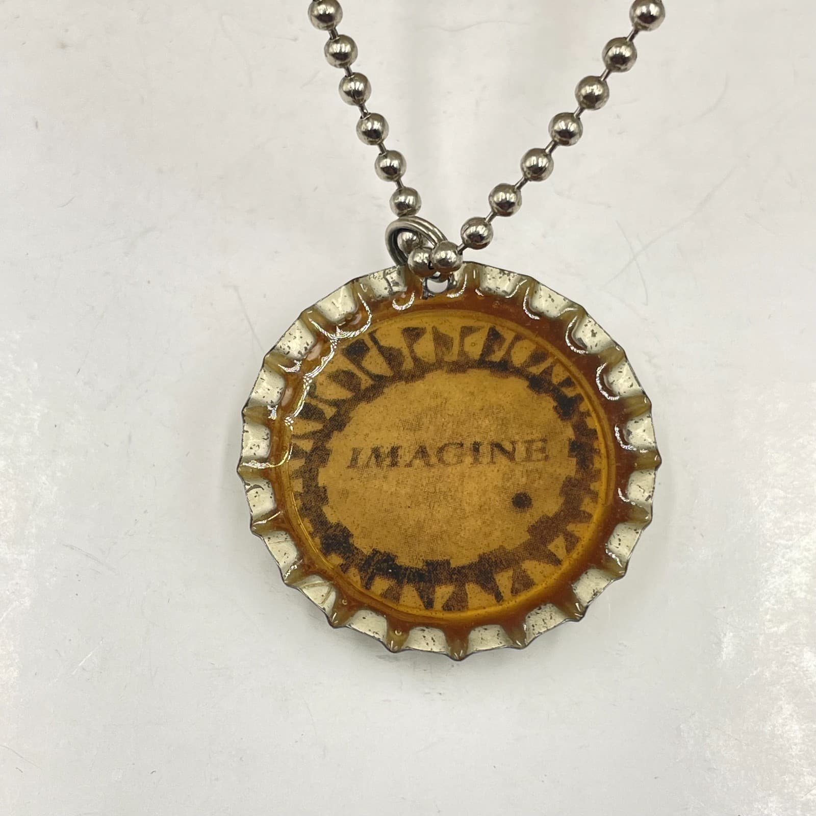 Vintage 7Up Bottle Cap Necklace Resin Pendant IMAGINE Secret Message Ball Chain - Thumbnail 4