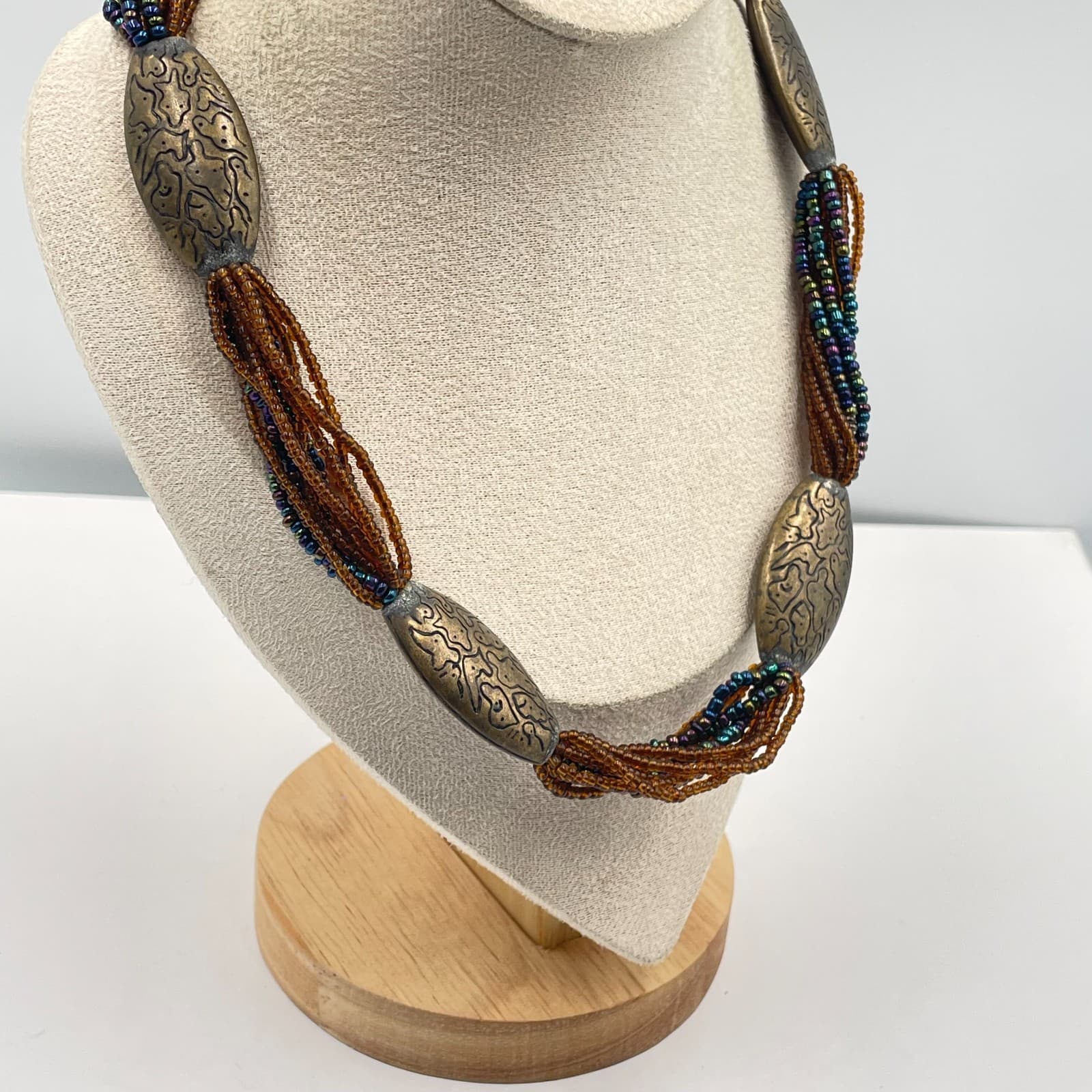 Vintage Boho Multi Strand Seed Bead Necklace Etched Bronze Tone Oval Focal Beads - Thumbnail 5