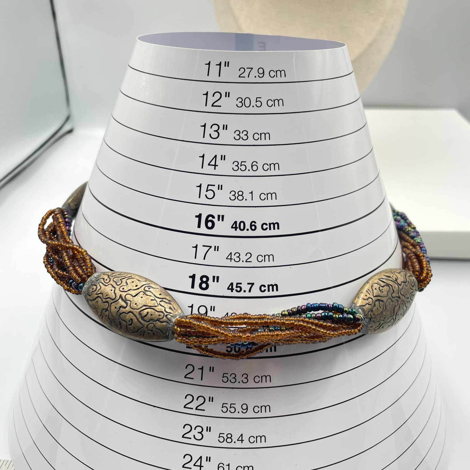 Vintage Boho Multi Strand Seed Bead Necklace Etched Bronze Tone Oval Focal Beads - Thumbnail 8