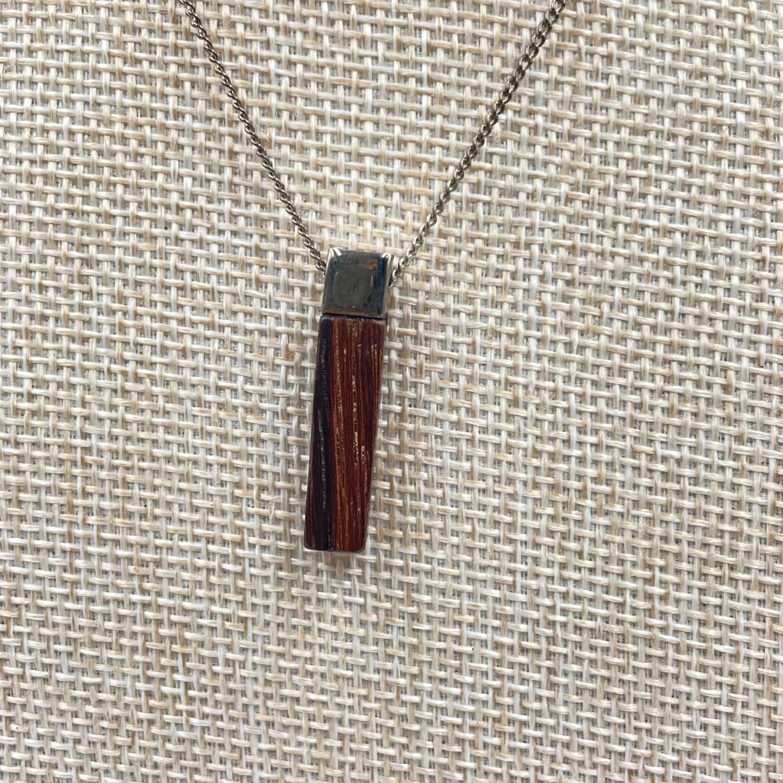 Vintage MCM Hand Carved Exotic Wood Bar Pendant Necklace Minimalist Jewelry - Thumbnail 3