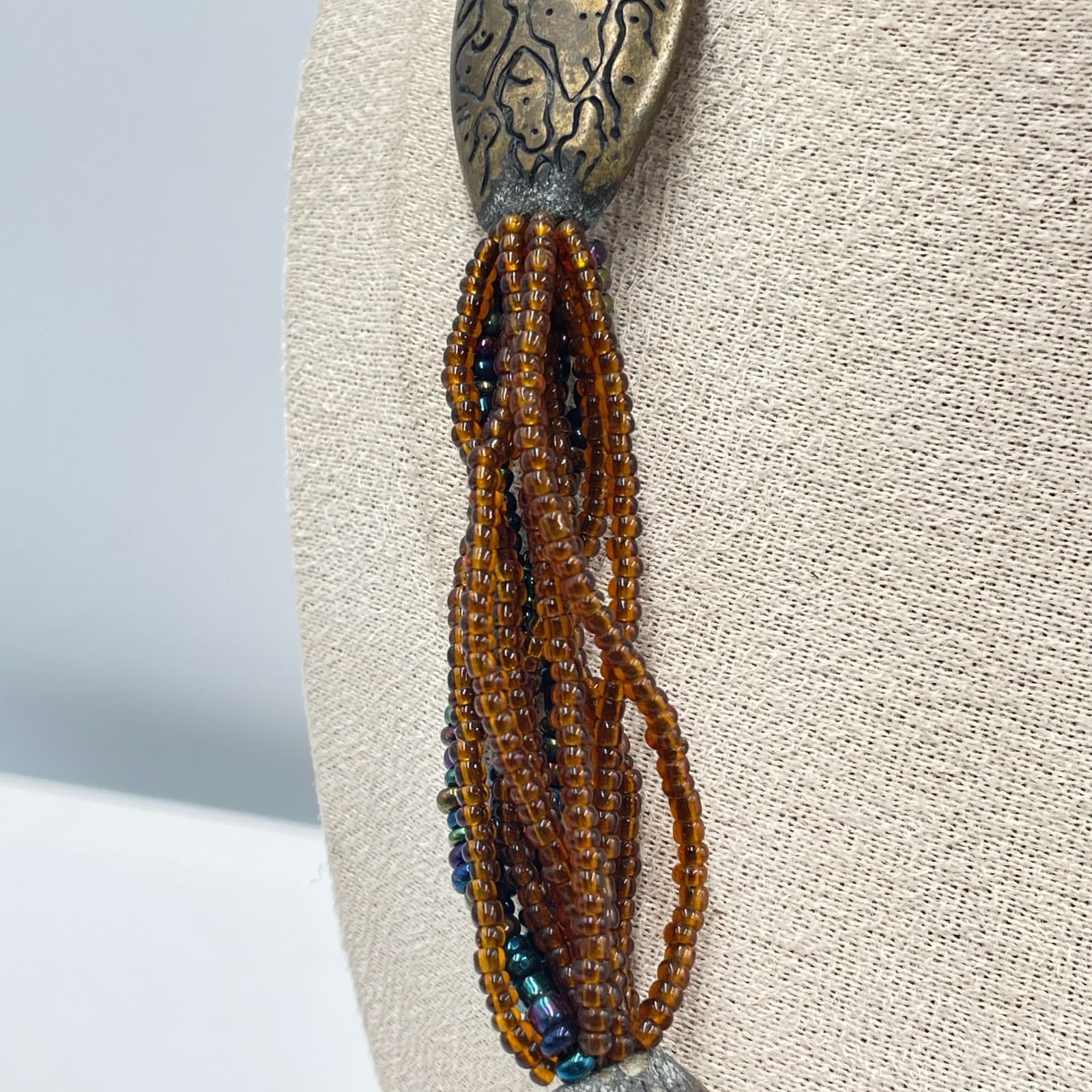 Vintage Boho Multi Strand Seed Bead Necklace Etched Bronze Tone Oval Focal Beads - Thumbnail 4
