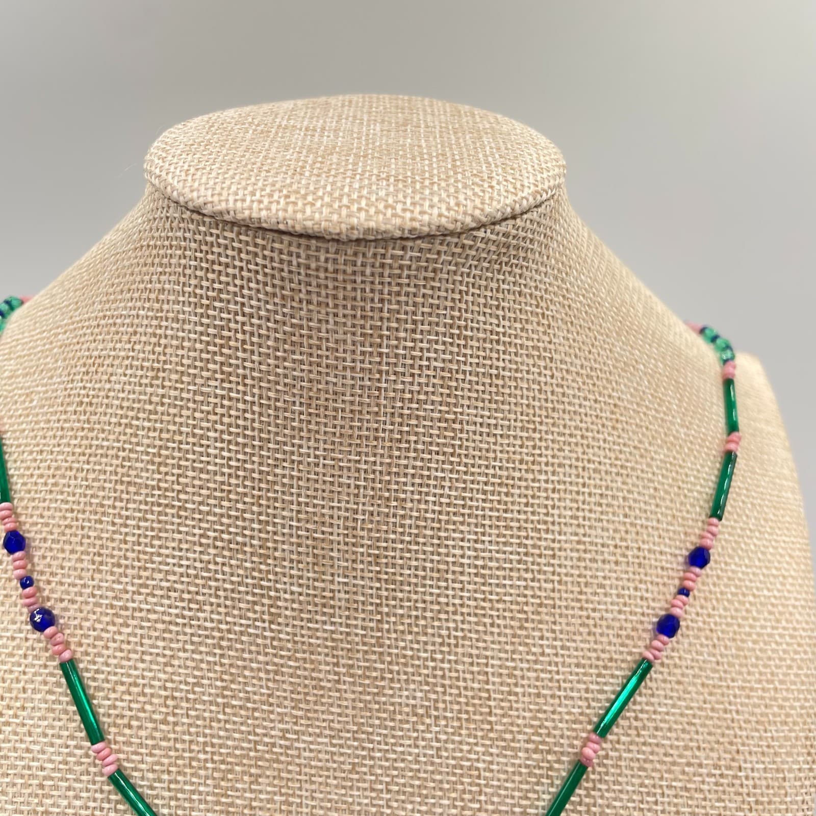 Handmade Beaded Pendant Necklace Boho Seed Bead Geometric Teal Pink Glass Fringe - Thumbnail 2