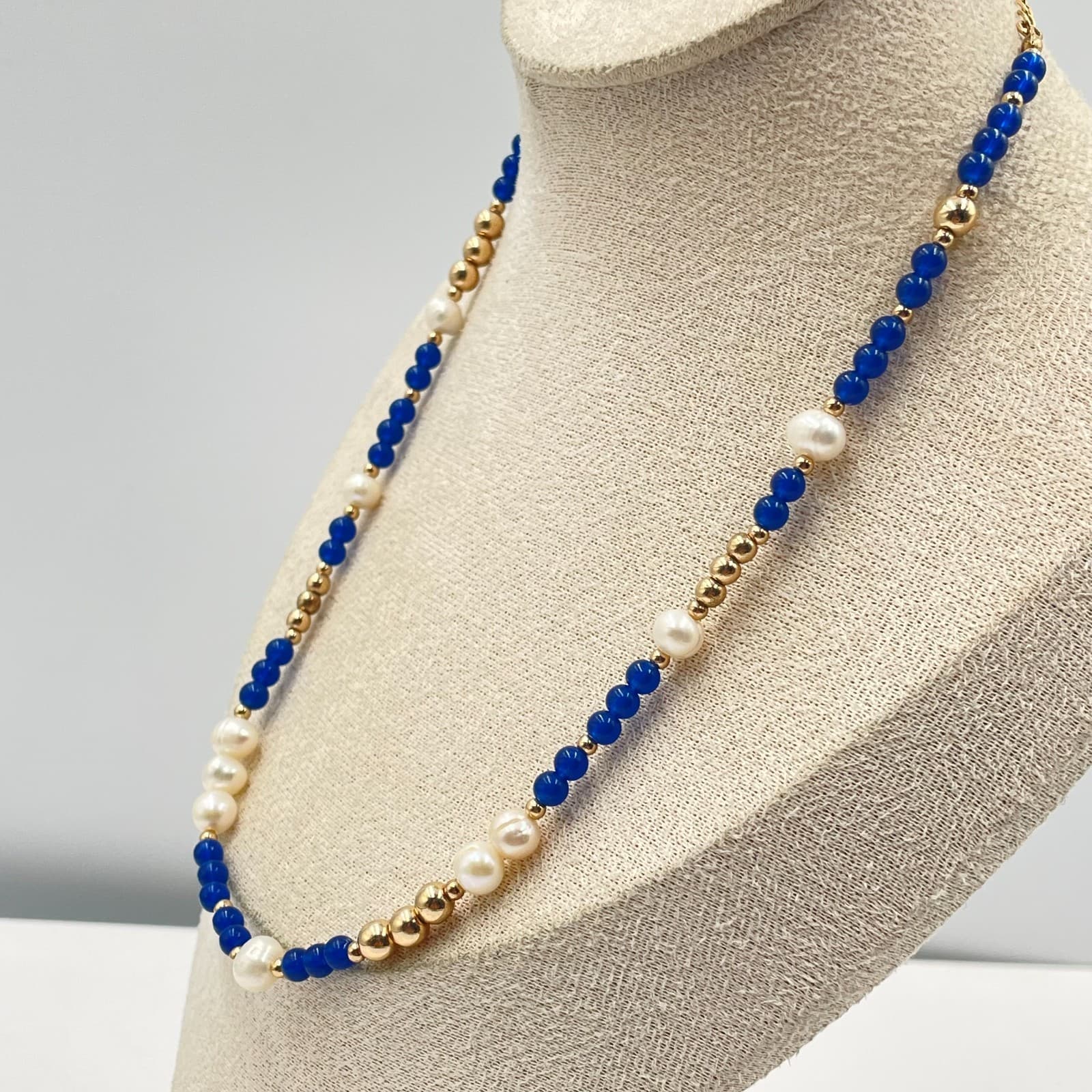 Vintage Lapis Blue Agate Pearl Beaded Necklace Gold Tone Statement Jewelry Gift - Thumbnail 5
