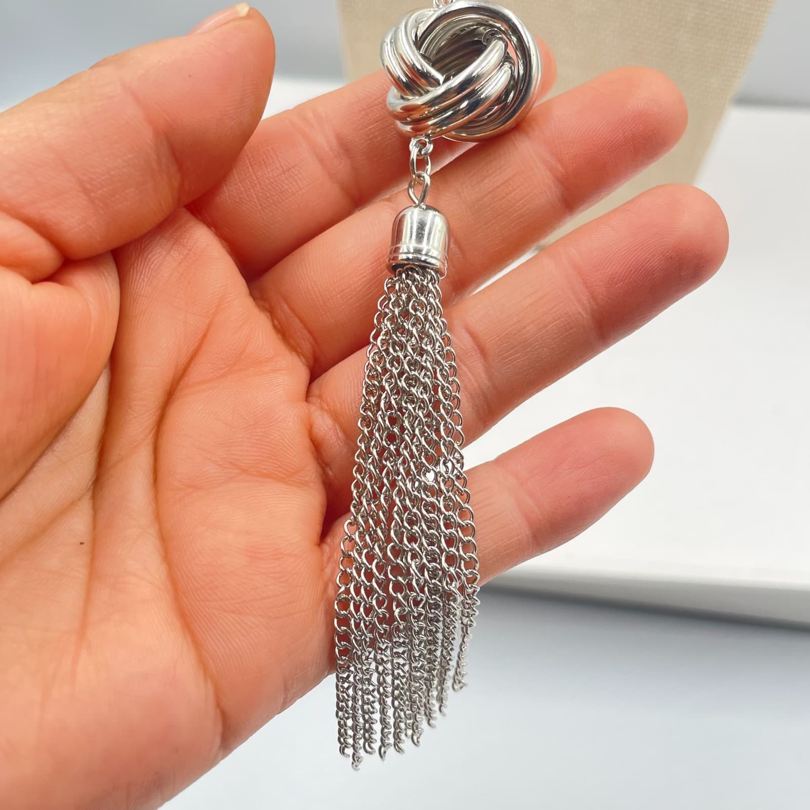 VTG Silver Knot Tassel Necklace Multi Strand Chain Statement Pendant Boho Women - Thumbnail 6