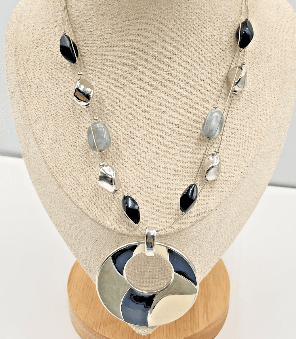 VTG New York & Co Multi-Strand Statement Necklace Silver Tone Enamel Pendant 19"