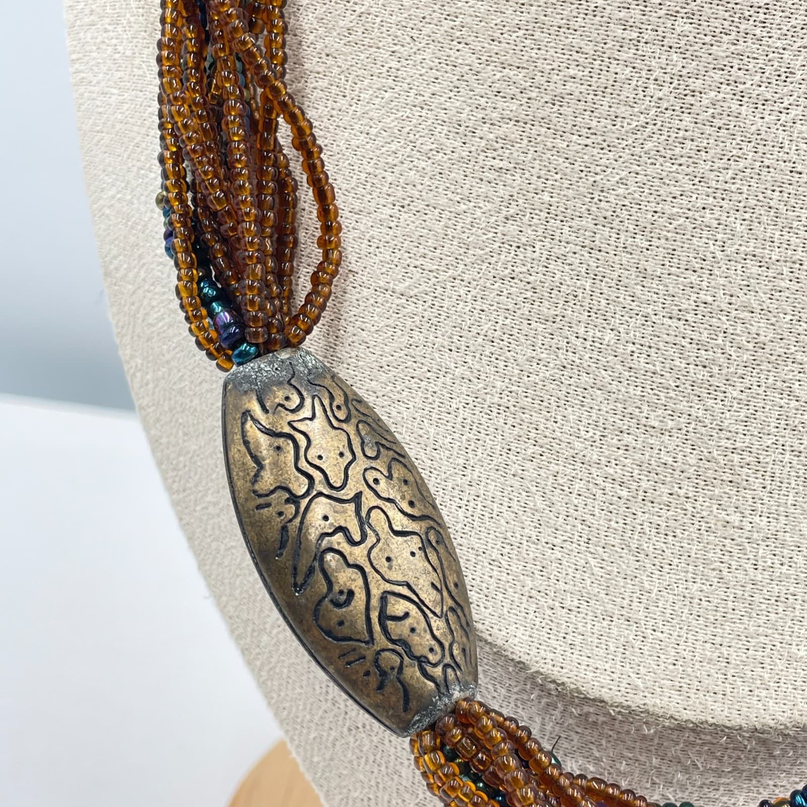 Vintage Boho Multi Strand Seed Bead Necklace Etched Bronze Tone Oval Focal Beads - Thumbnail 3