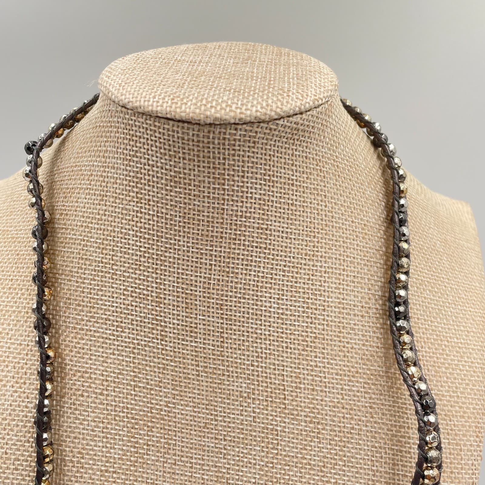 VTG Boho Leather Wrap Necklace Bracelet Mixed Metal Beaded Strand Hematite Tone - Thumbnail 2