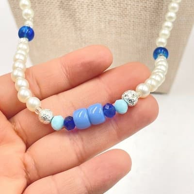 Vintage Pink Elephant Heart Glass Pearl Necklace Magnetic Clasp Blue Beads 26" - Thumbnail 4