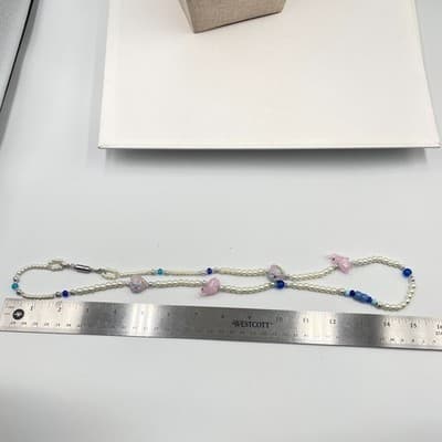 Vintage Pink Elephant Heart Glass Pearl Necklace Magnetic Clasp Blue Beads 26" - Thumbnail 7