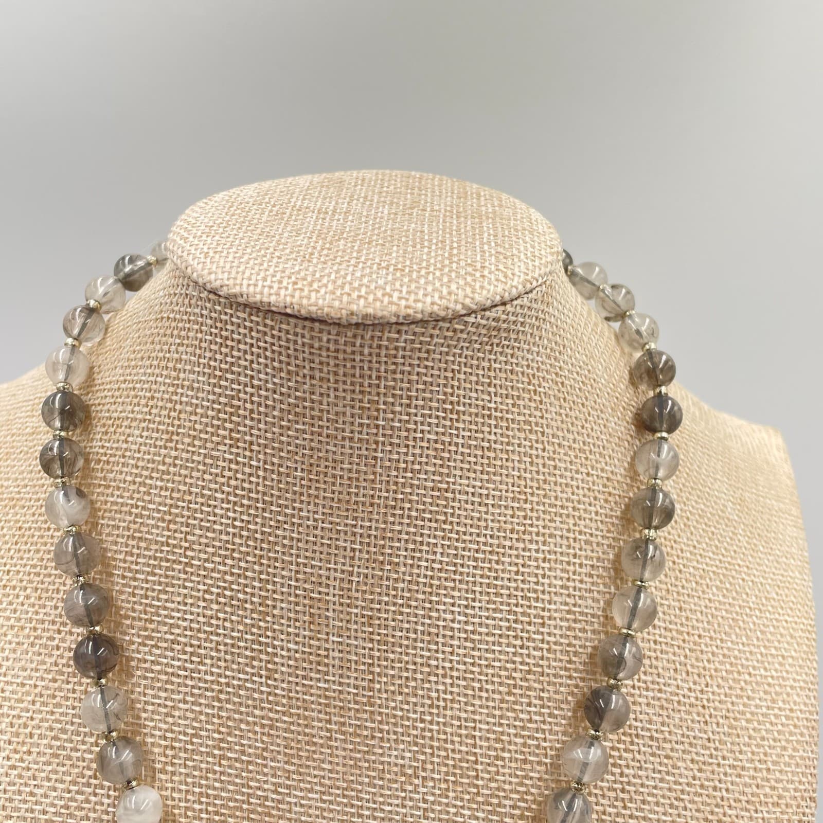 Vintage Silver Tassel Necklace Gray Rutilated Quartz Bead Strand Long Boho 80s - Thumbnail 2