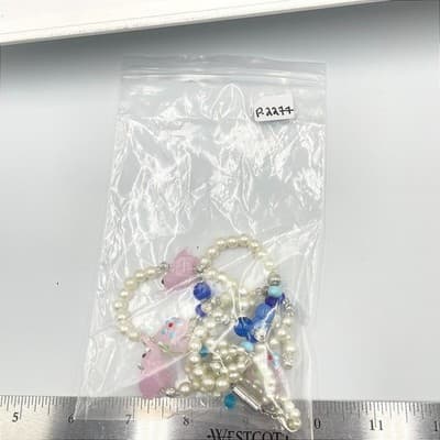 Vintage Pink Elephant Heart Glass Pearl Necklace Magnetic Clasp Blue Beads 26" - Thumbnail 8