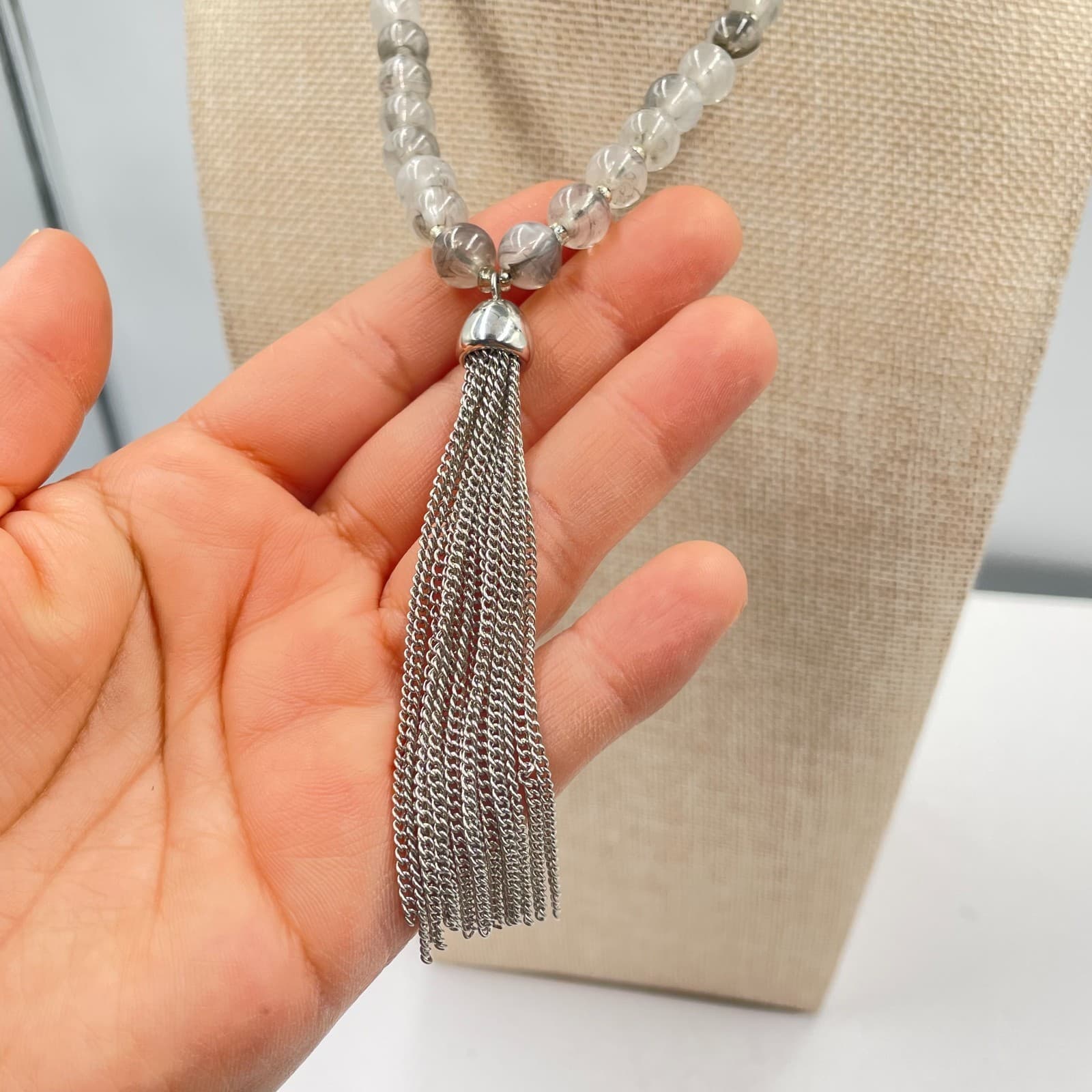 Vintage Silver Tassel Necklace Gray Rutilated Quartz Bead Strand Long Boho 80s - Thumbnail 4