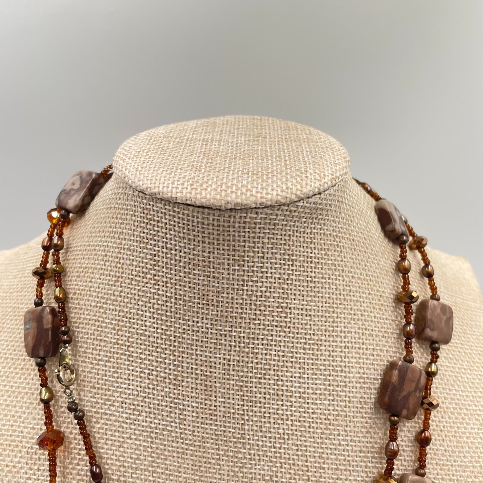 VTG Jasper Necklace Double Strand Brown Cream Earth Tone Beaded Statement 2-Row - Thumbnail 2