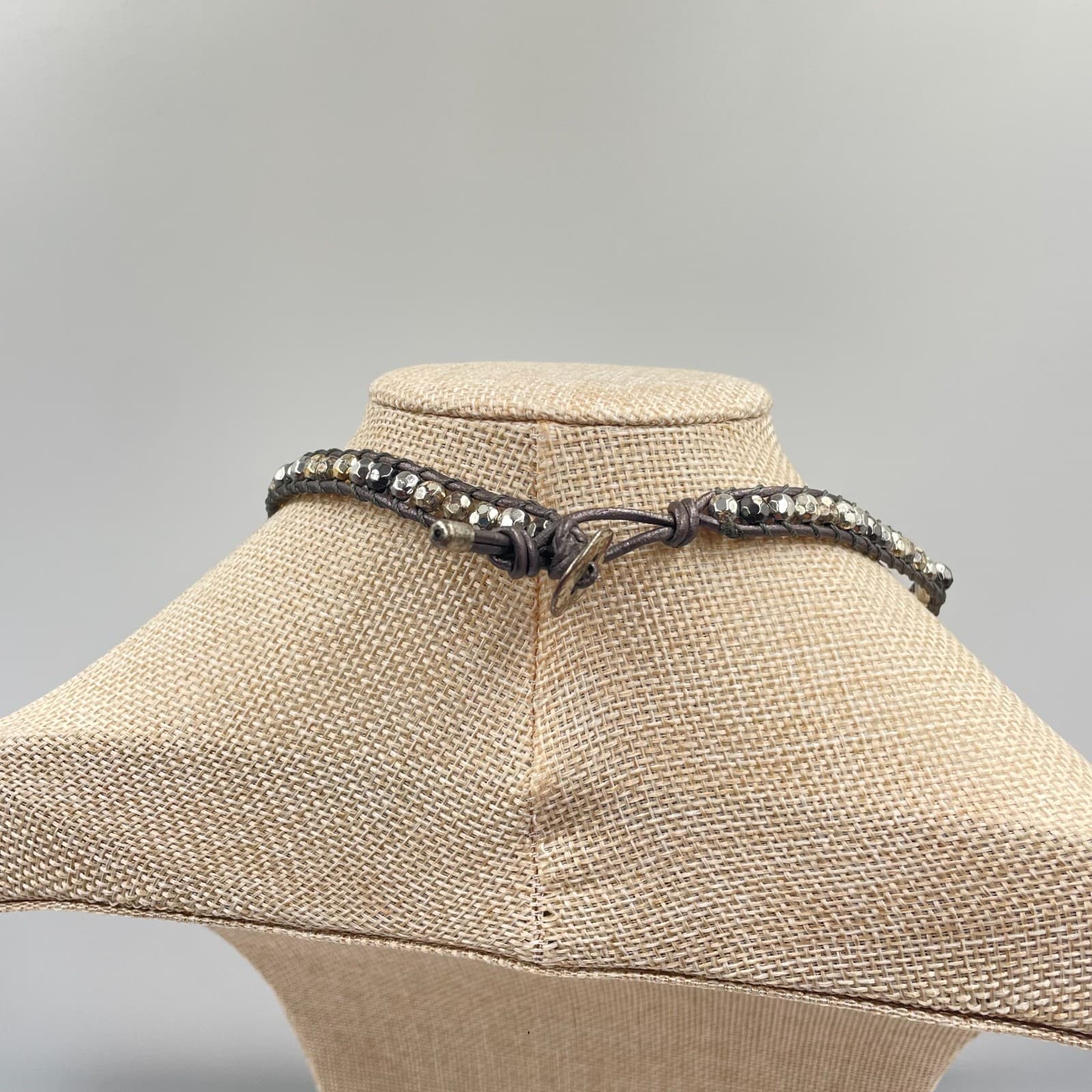 VTG Boho Leather Wrap Necklace Bracelet Mixed Metal Beaded Strand Hematite Tone - Thumbnail 5