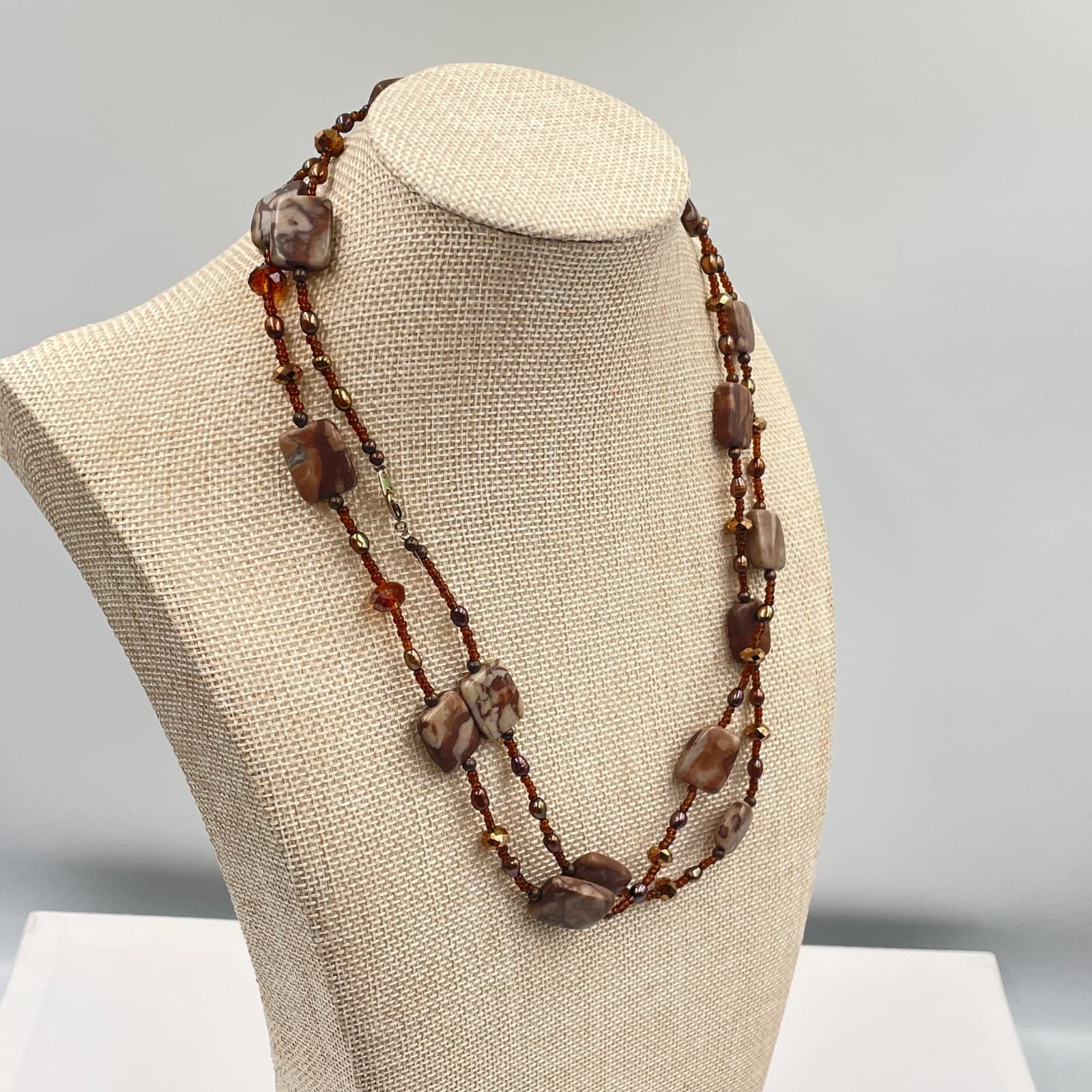 VTG Jasper Necklace Double Strand Brown Cream Earth Tone Beaded Statement 2-Row - Thumbnail 4