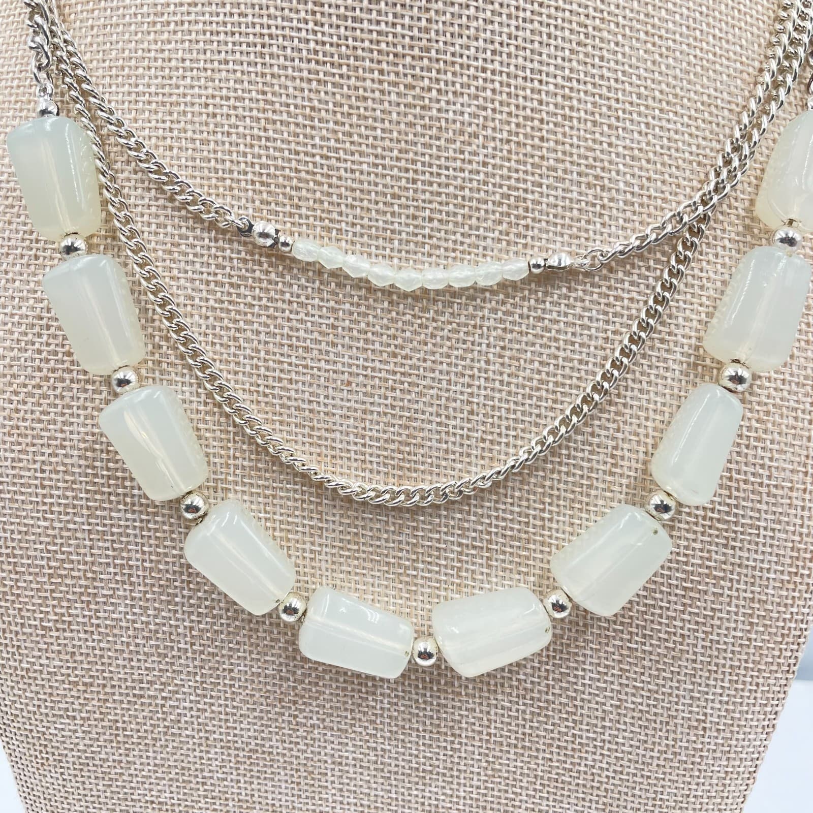 Chico's Layered Necklace Silver Tone White Stone Bead Triple Strand Statement - Thumbnail 3