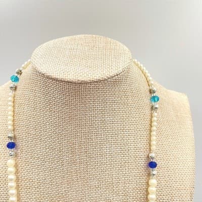 Vintage Pink Elephant Heart Glass Pearl Necklace Magnetic Clasp Blue Beads 26" - Thumbnail 2
