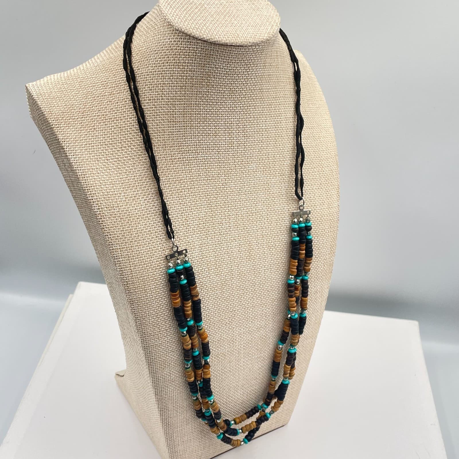 Vintage Multi-Strand Wood Bead Necklace Turquoise Boho Tribal Black Cord 3-Layer - Thumbnail 5