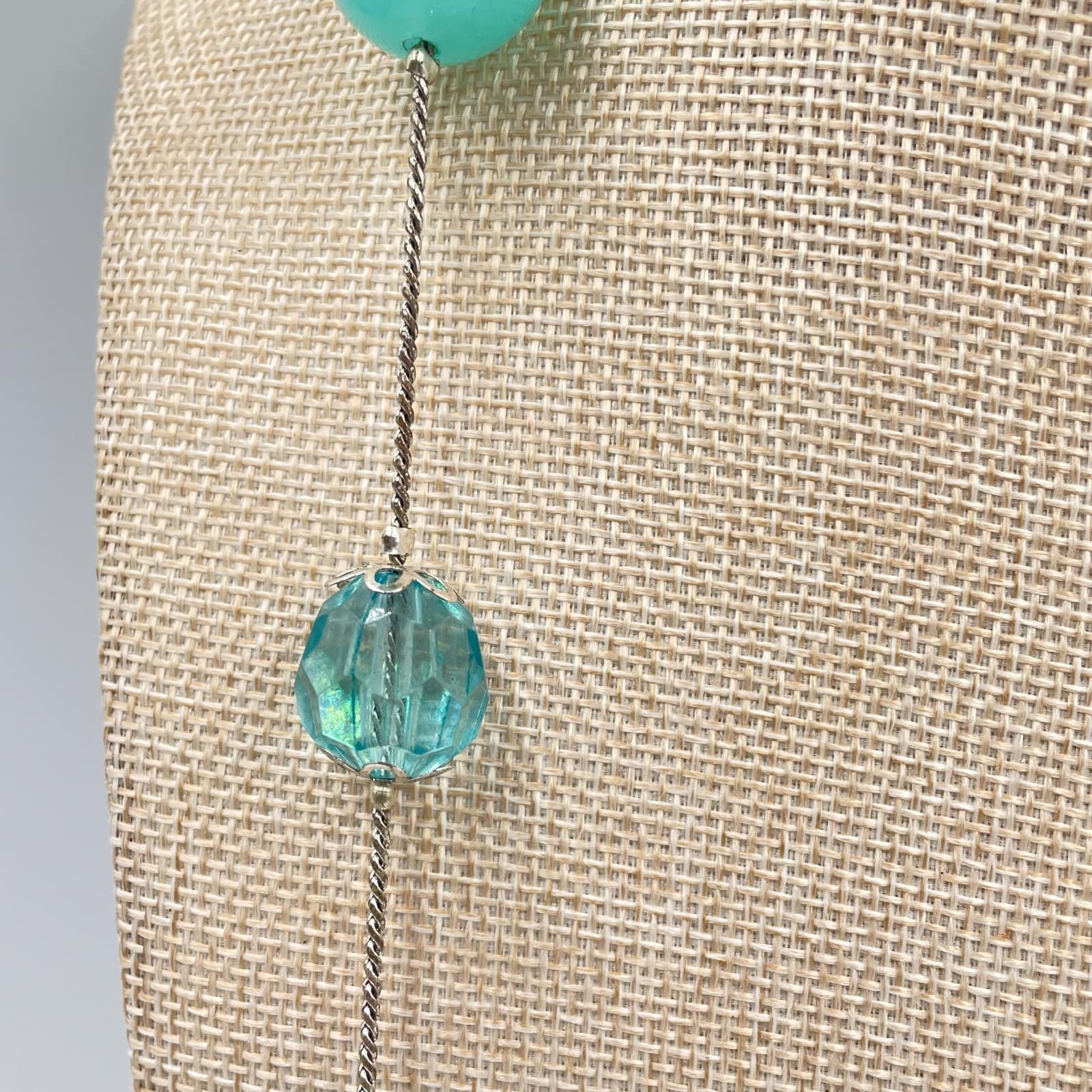 Vintage Aqua Blue Glass Bead Station Necklace Silver Tone Chain Long Layering - Thumbnail 3