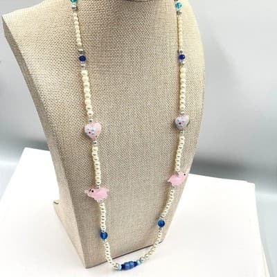 Vintage Pink Elephant Heart Glass Pearl Necklace Magnetic Clasp Blue Beads 26" - Thumbnail 5