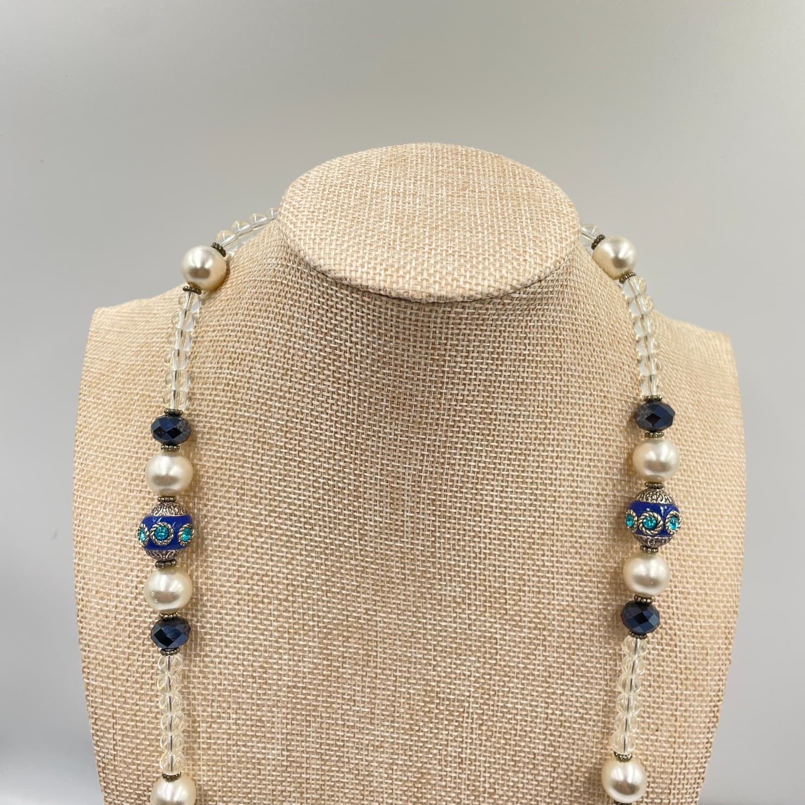 Vintage Long Beaded Necklace Blue Cloisonne Enamel Faux Pearl Crystal Opera 30" - Thumbnail 2