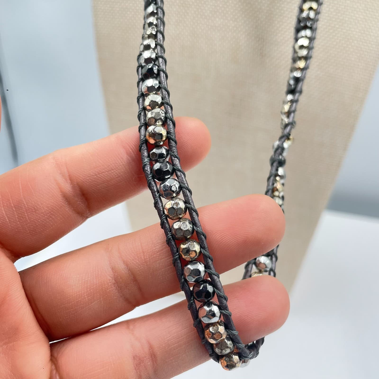 VTG Boho Leather Wrap Necklace Bracelet Mixed Metal Beaded Strand Hematite Tone - Thumbnail 3