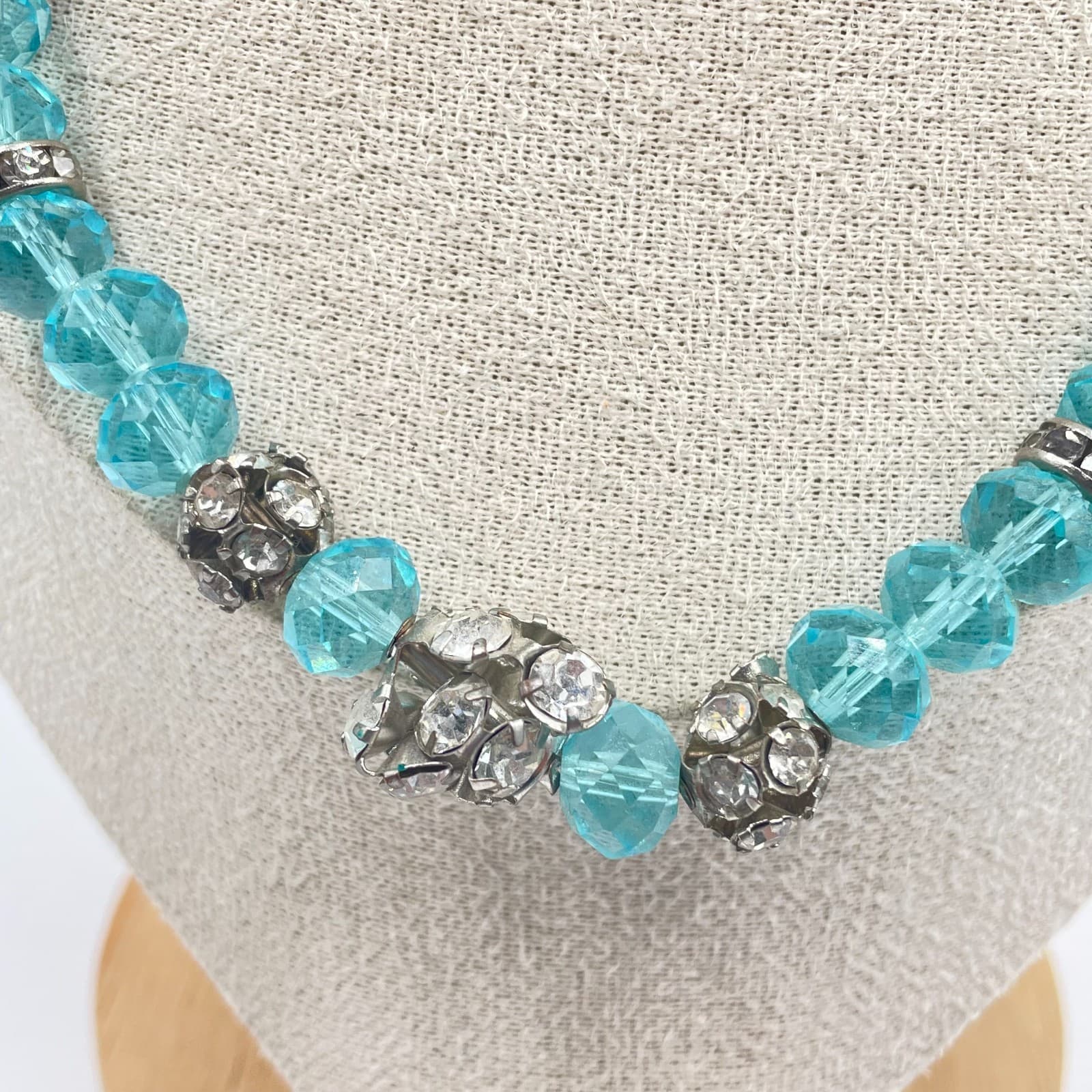 Vintage Aquamarine Blue Crystal Beaded Necklace Statement Sparkling Cluster 20” - Thumbnail 3
