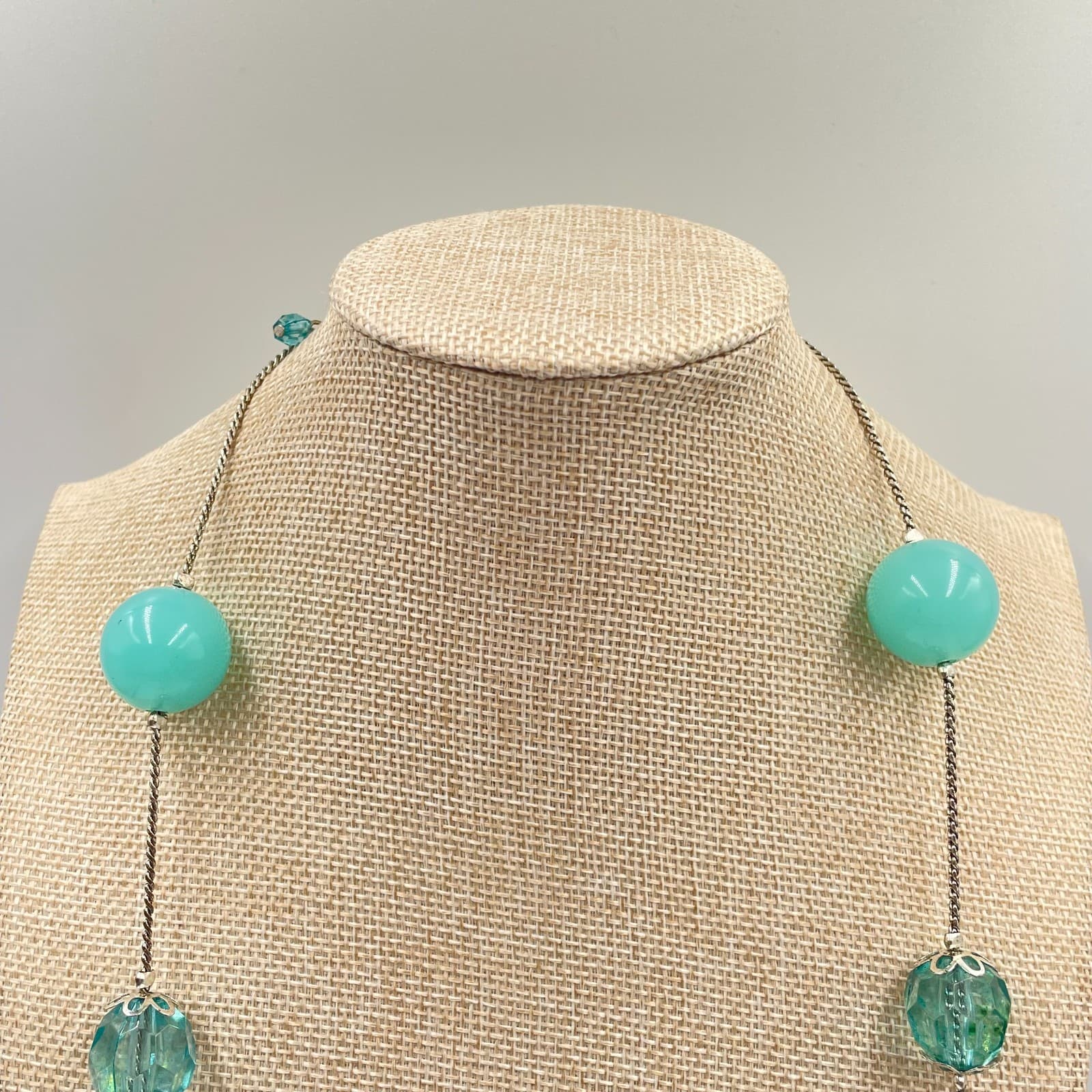 Vintage Aqua Blue Glass Bead Station Necklace Silver Tone Chain Long Layering - Thumbnail 2