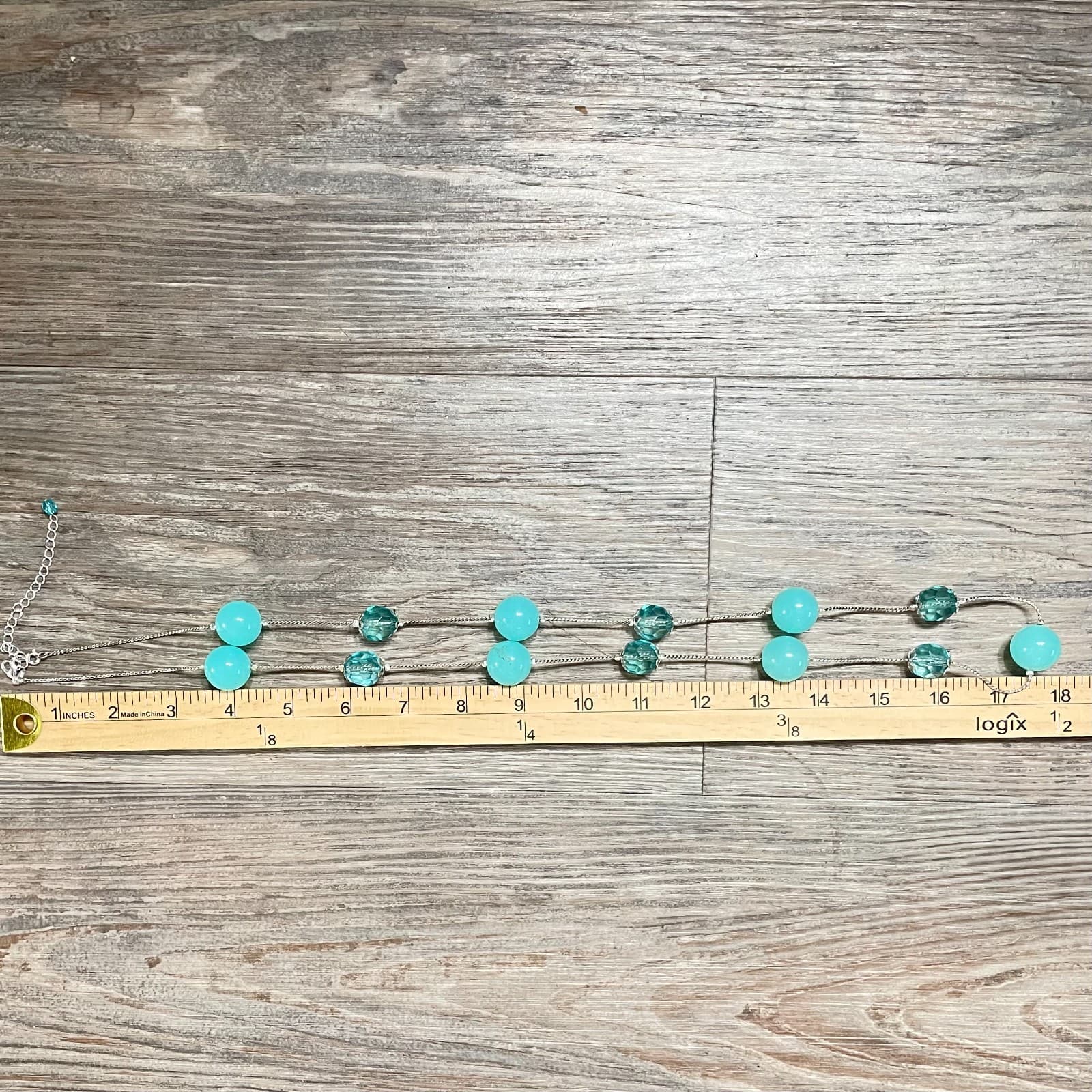 Vintage Aqua Blue Glass Bead Station Necklace Silver Tone Chain Long Layering - Thumbnail 7