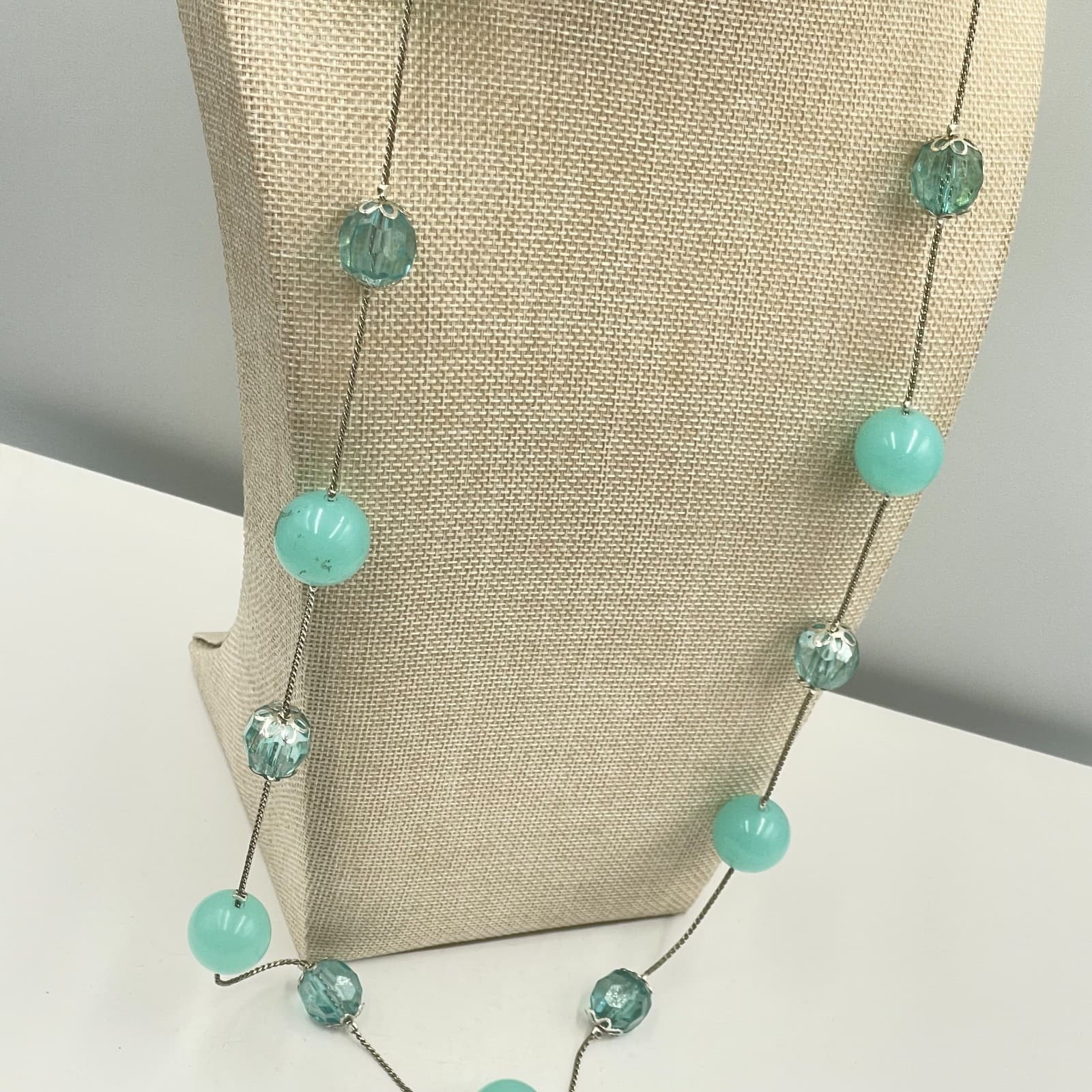 Vintage Aqua Blue Glass Bead Station Necklace Silver Tone Chain Long Layering - Thumbnail 5
