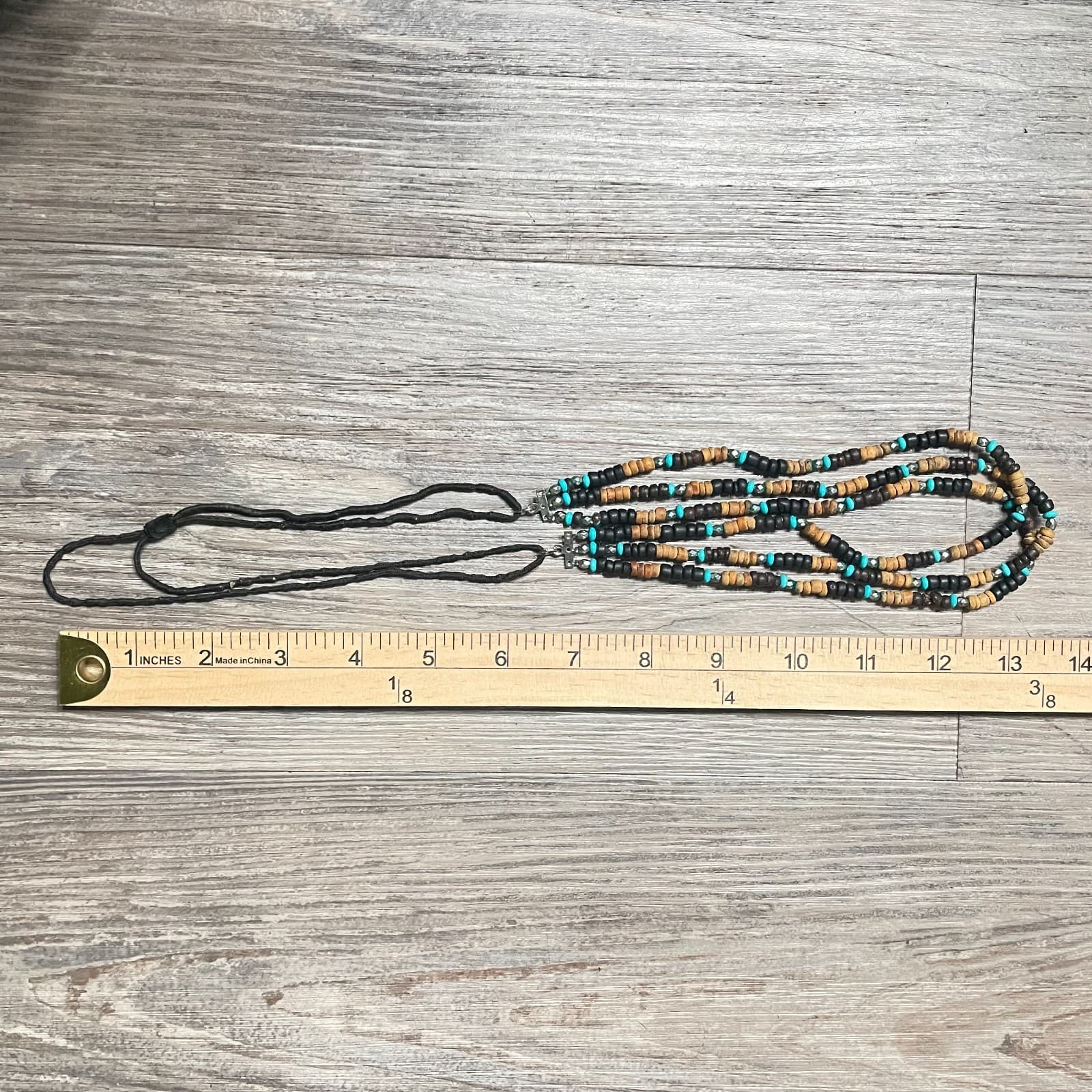 Vintage Multi-Strand Wood Bead Necklace Turquoise Boho Tribal Black Cord 3-Layer - Thumbnail 7