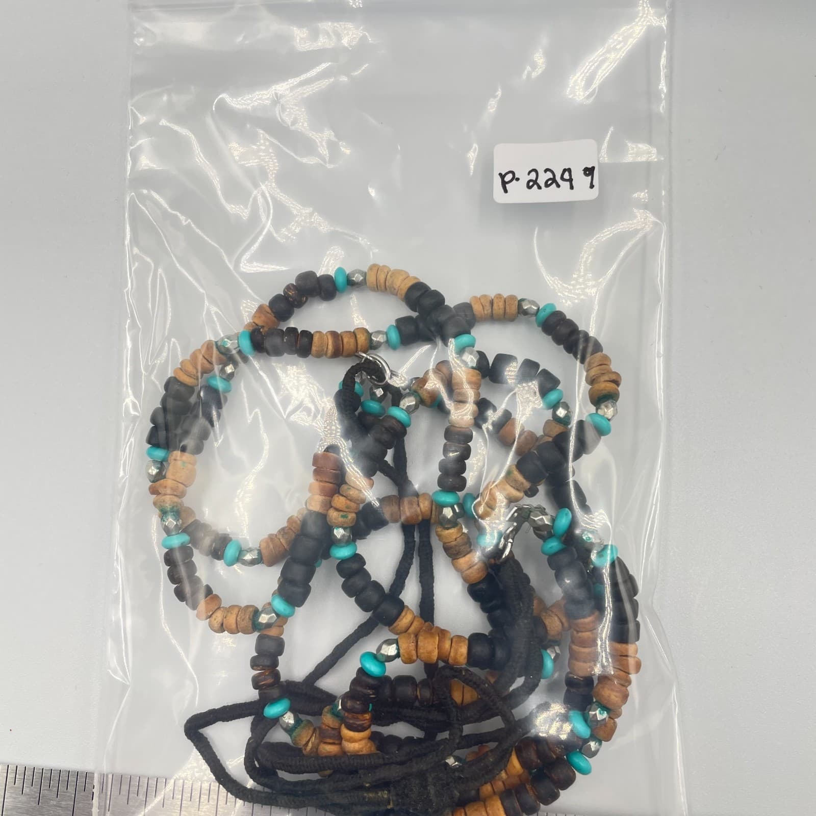 Vintage Multi-Strand Wood Bead Necklace Turquoise Boho Tribal Black Cord 3-Layer - Thumbnail 8