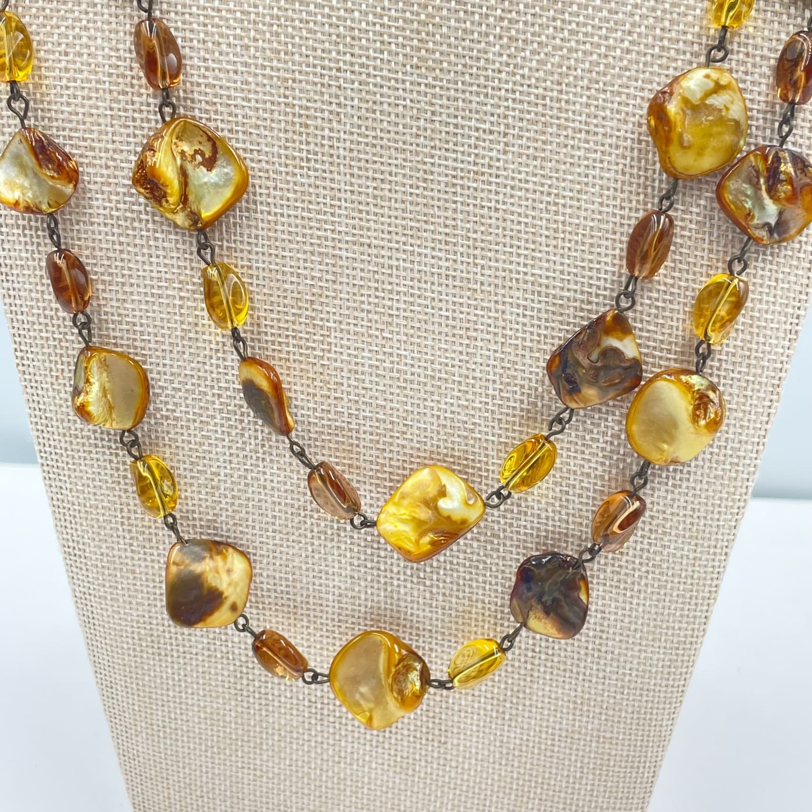 Vintage Double Strand Amber Toned Shell Necklace Brown Boho Chunky Statement - Thumbnail 3