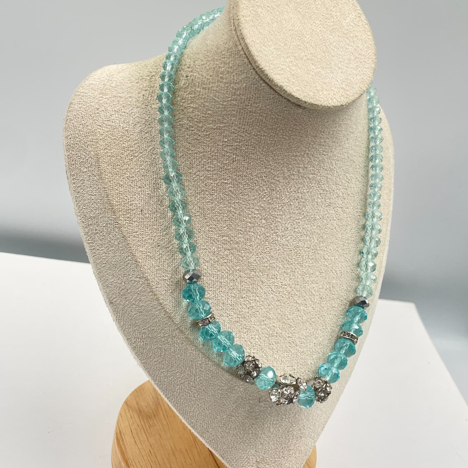 Vintage Aquamarine Blue Crystal Beaded Necklace Statement Sparkling Cluster 20” - Thumbnail 4